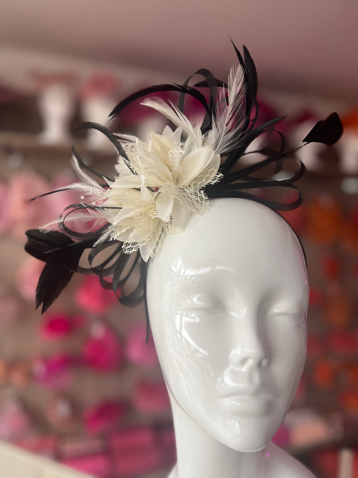 Headband Ivory &amp; Black Fascinator With Flower &amp; Loops-Fascinators Direct