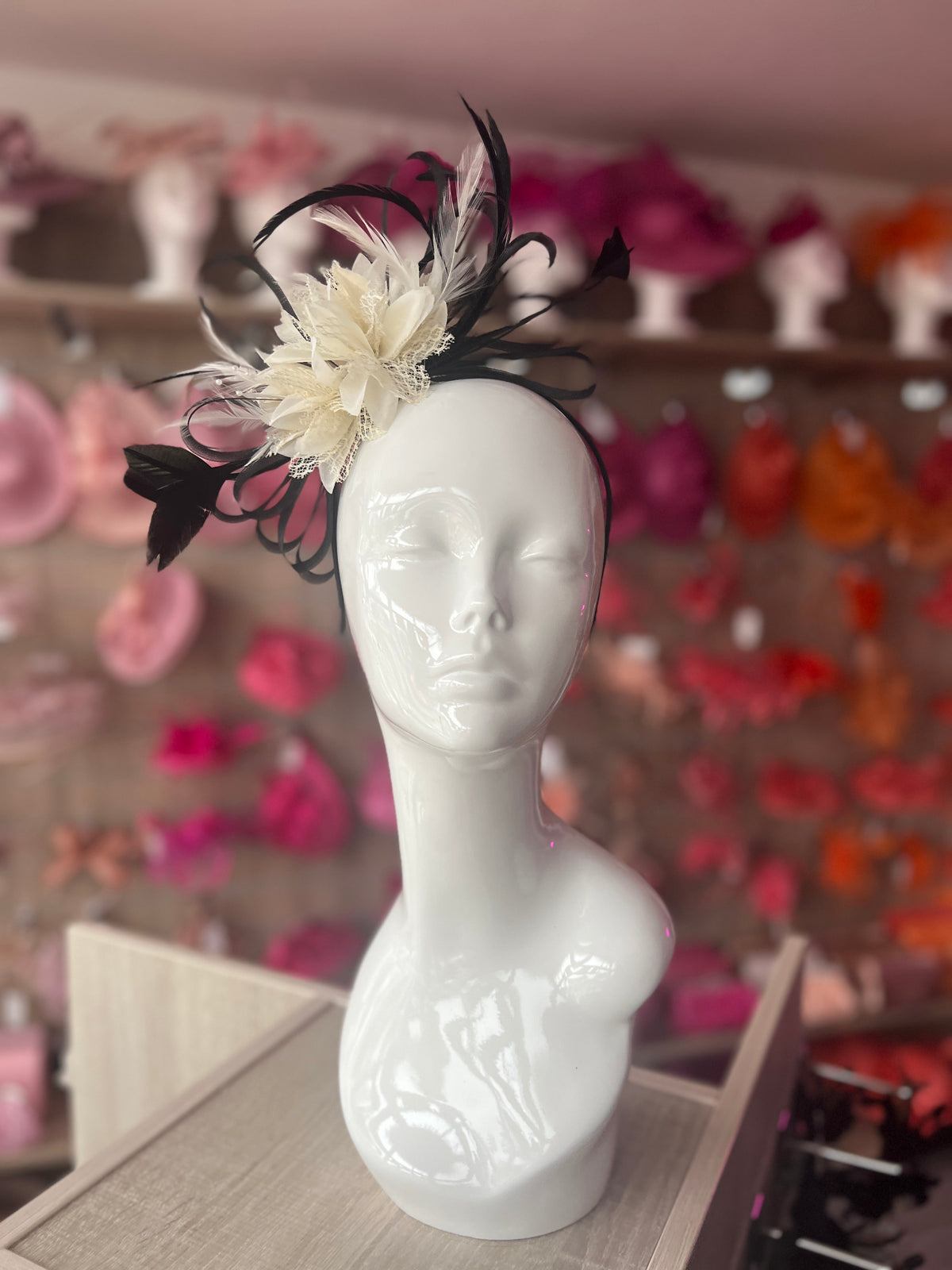 Headband Ivory &amp; Black Fascinator With Flower &amp; Loops-Fascinators Direct
