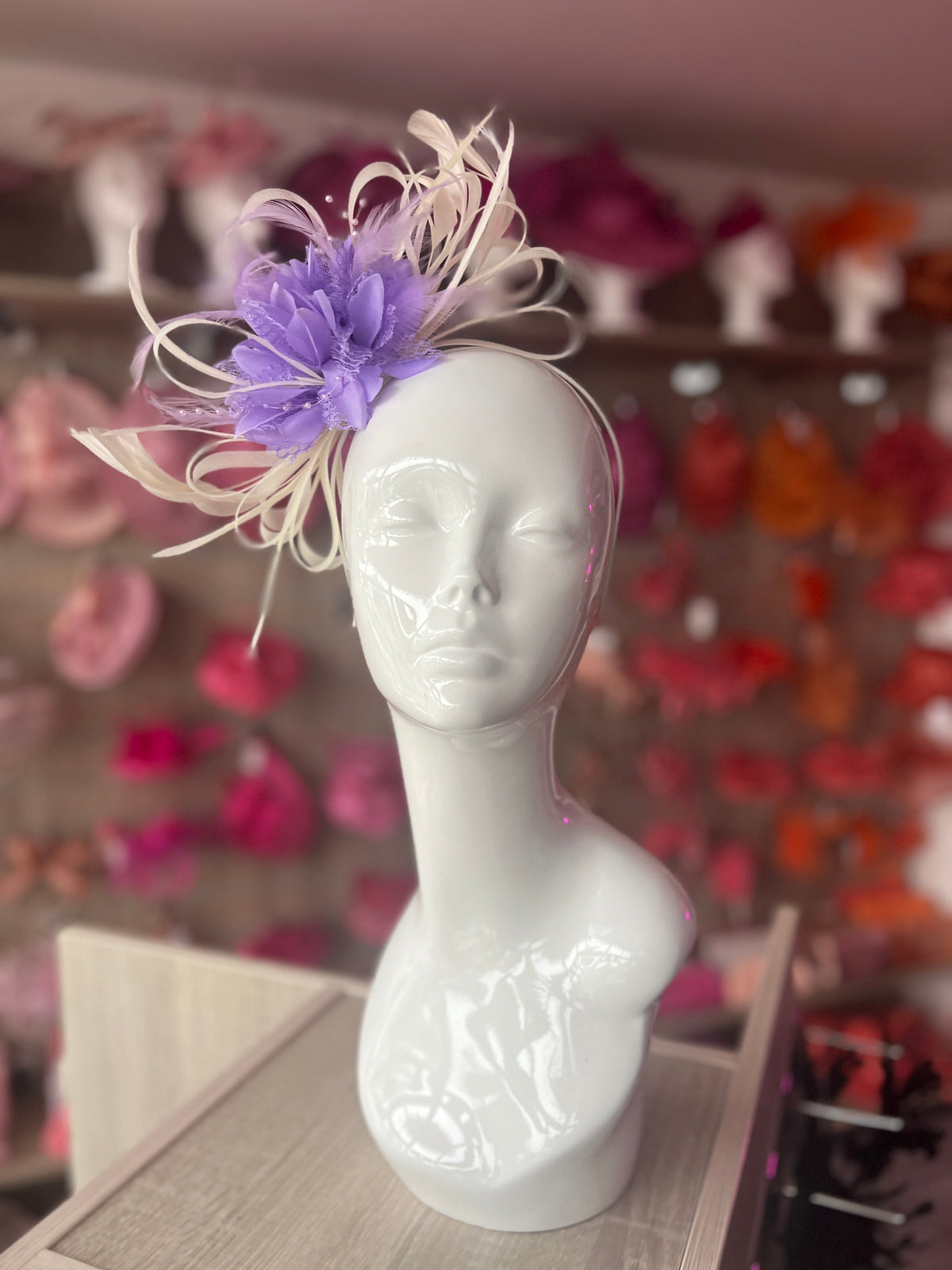 Headband Ivory &amp; Lilac Fascinator With Flower &amp; Loops-Fascinators Direct