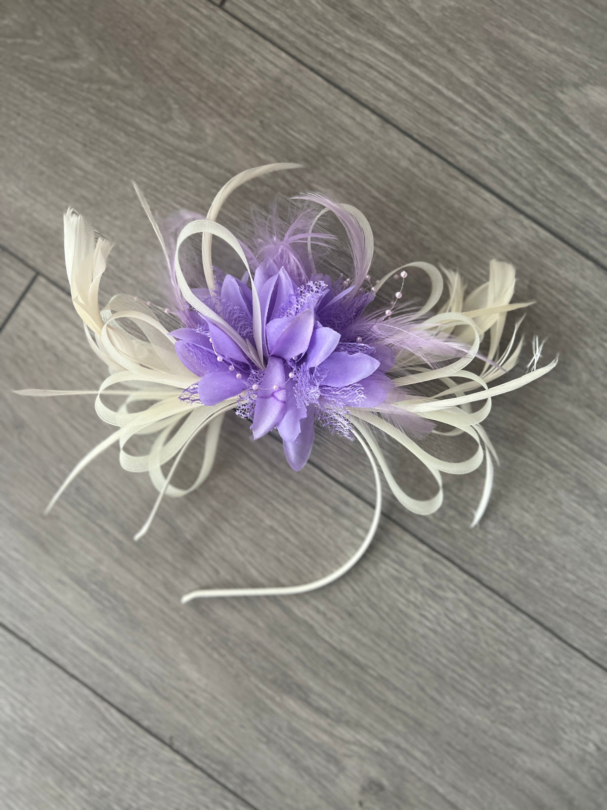 Headband Ivory &amp; Lilac Fascinator With Flower &amp; Loops-Fascinators Direct
