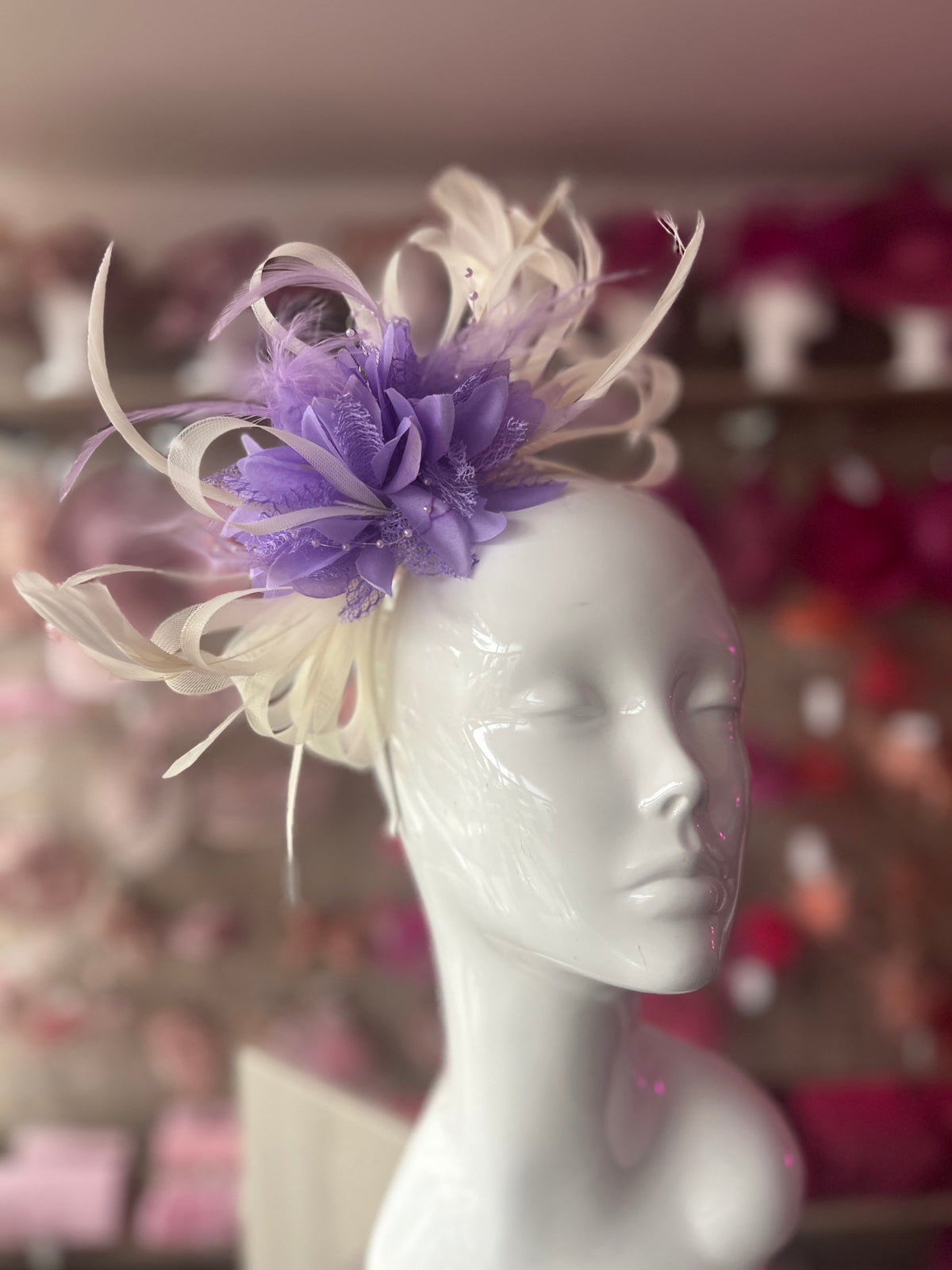 Headband Ivory &amp; Lilac Fascinator With Flower &amp; Loops-Fascinators Direct