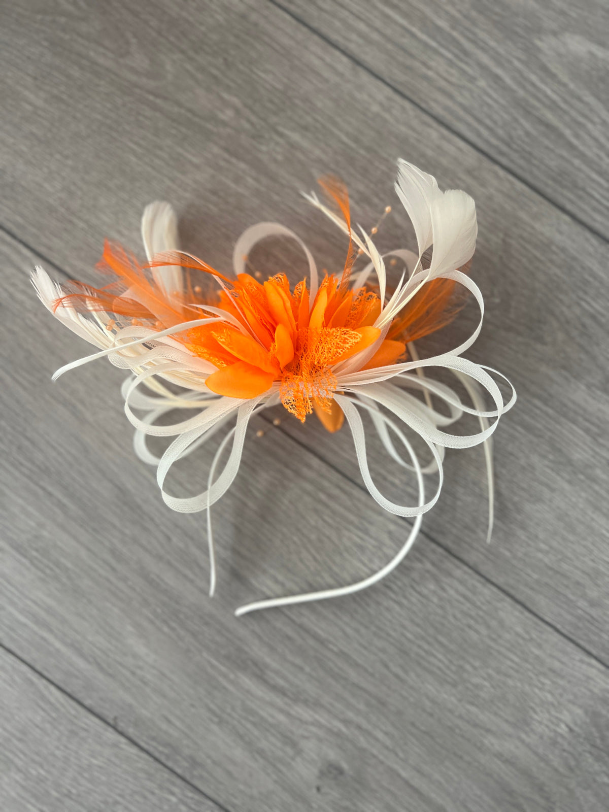 Headband Ivory &amp; Orange Fascinator With Flower &amp; Loops-Fascinators Direct