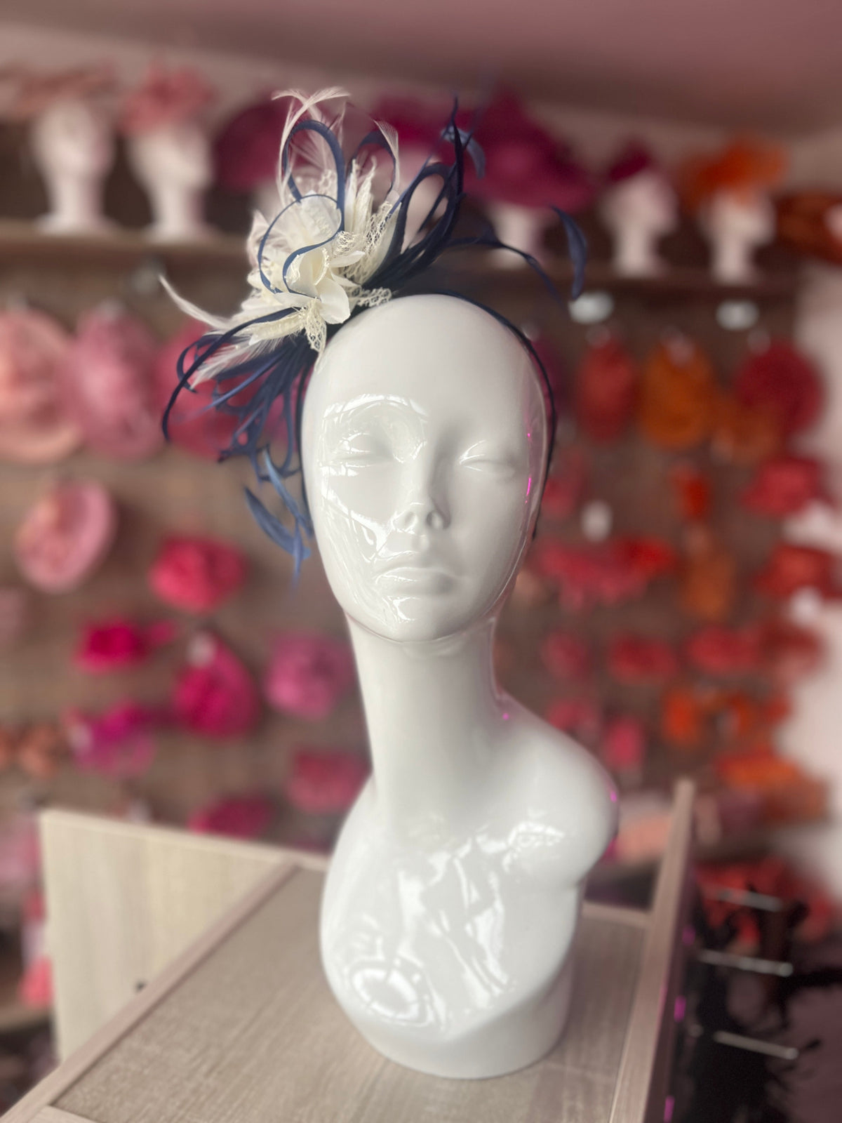 Headband Navy &amp; Ivory Fascinator With Flower &amp; Loops-Fascinators Direct