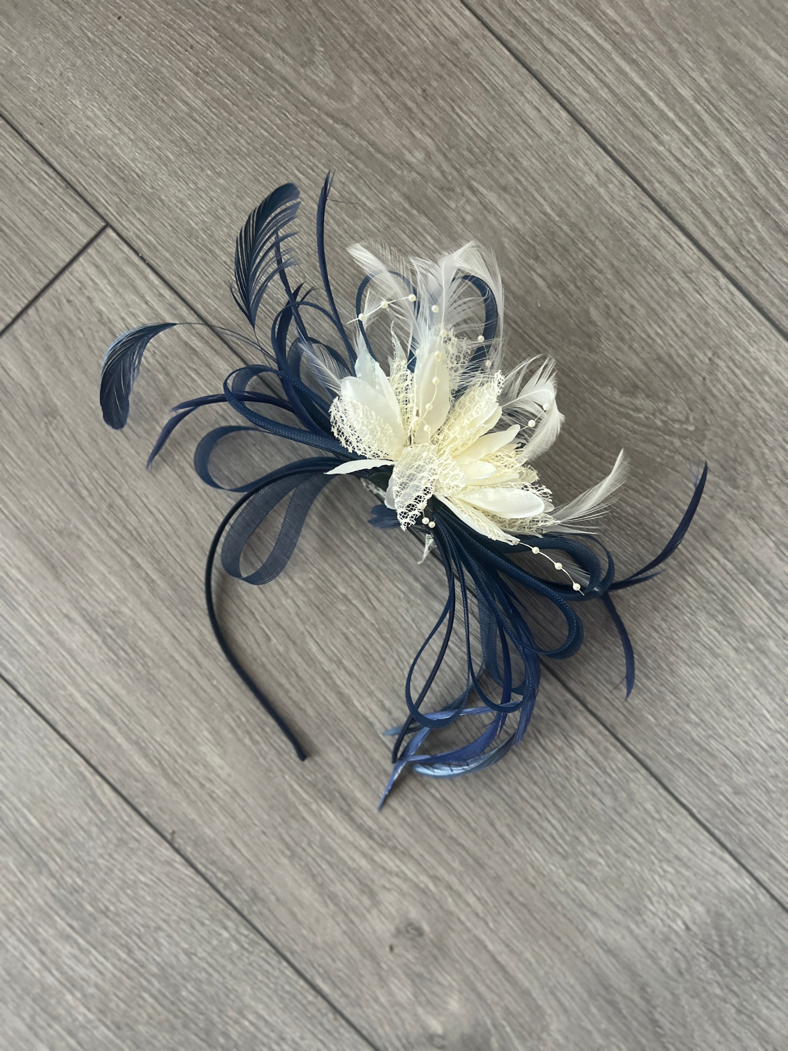 Headband Navy Ivory Fascinator With Flower Loops