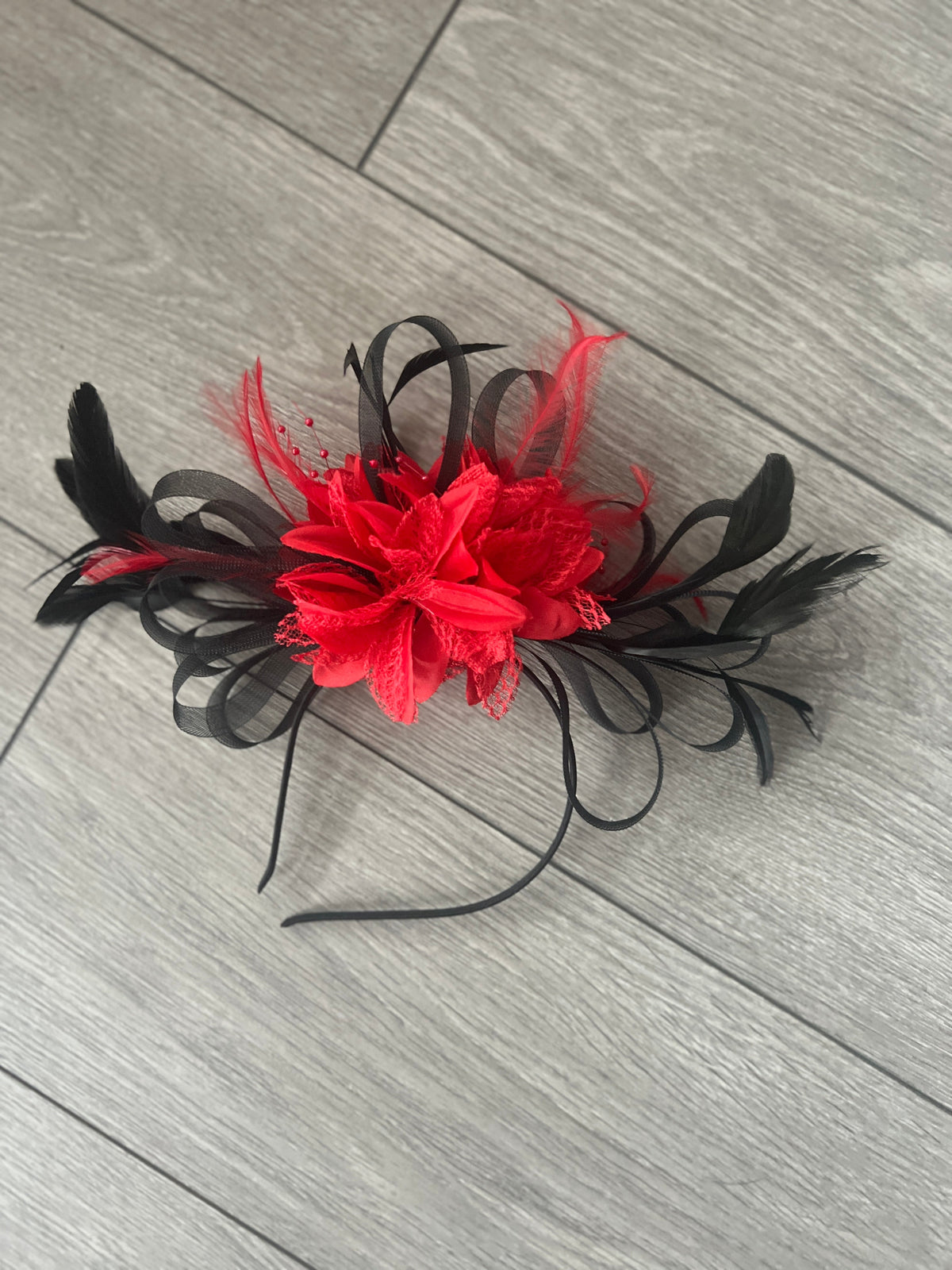Headband Red &amp; Black Fascinator With Flower &amp; Loops-Fascinators Direct