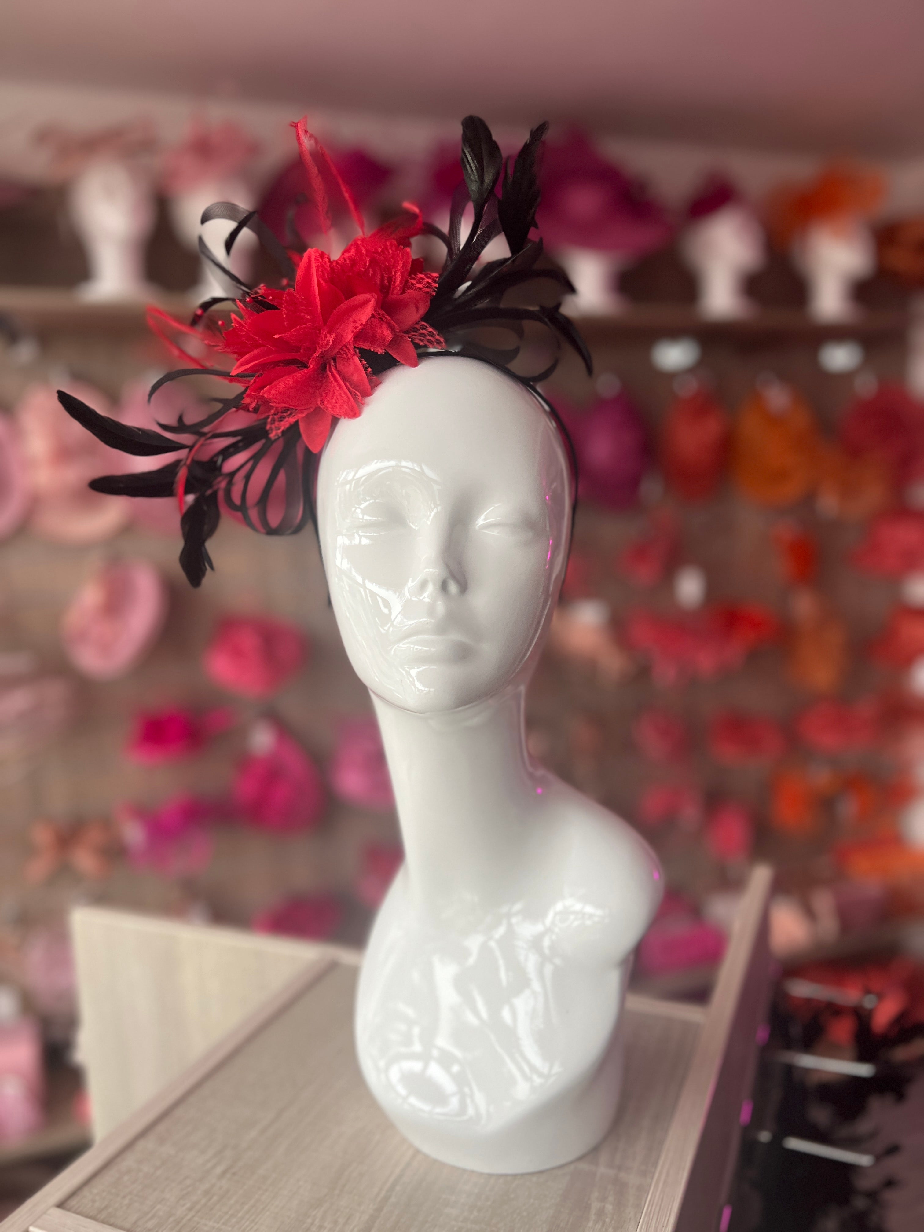 Pink Red Navy Gold Floral Fascinator Headband Navy & Fuchsia Pink Floral Fascinator with Pearls & Feathers  main image 2