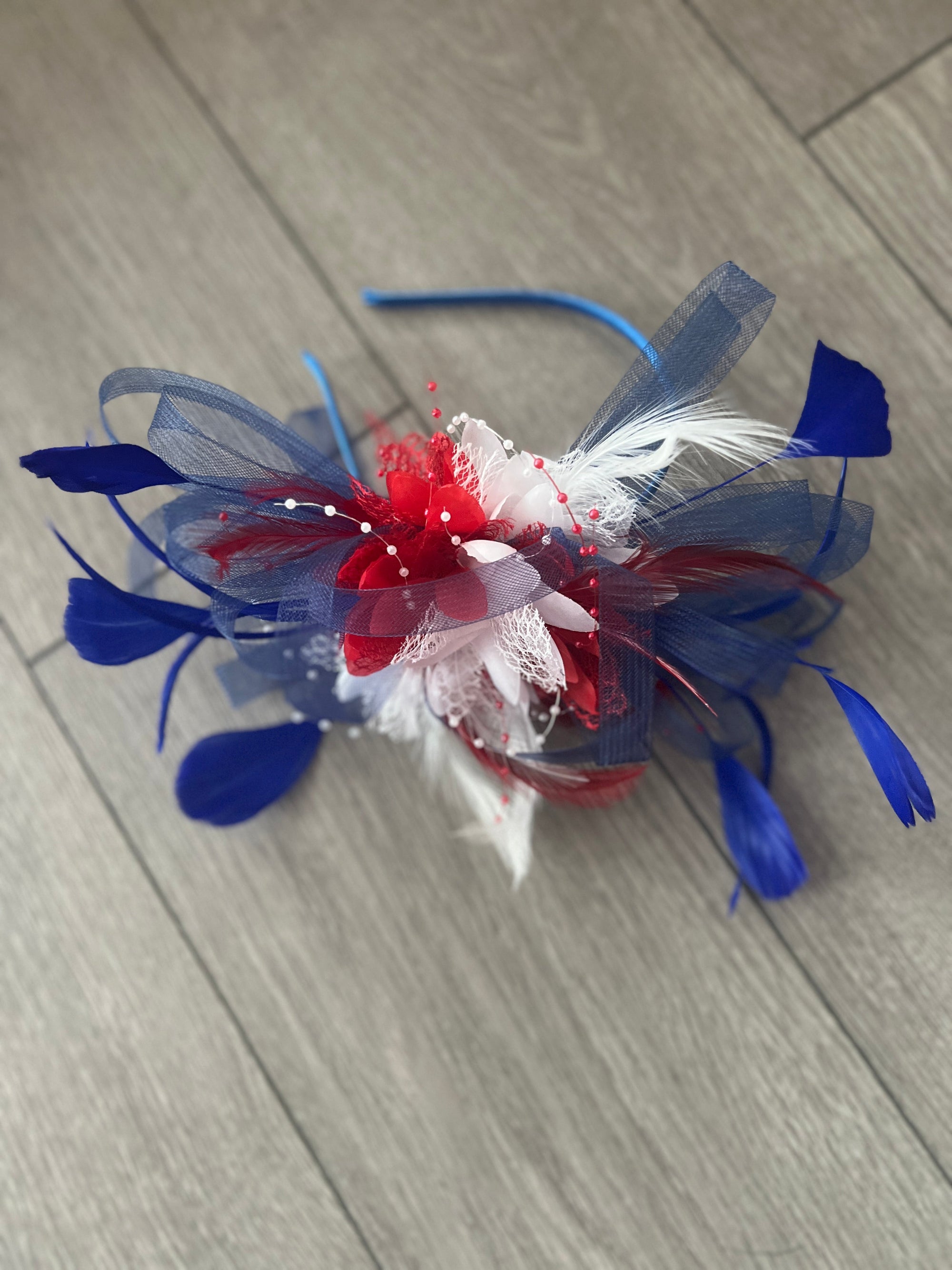 Headband Red,White & Blue Patriotic Fascinator With Flower & Loops-Fascinators Direct