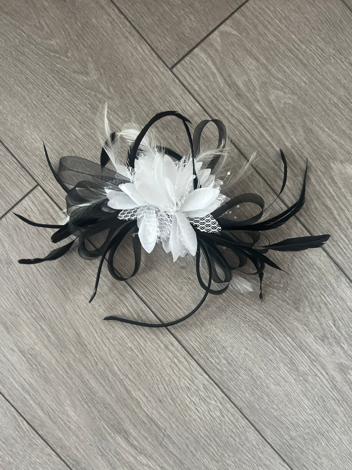 Headband White &amp; Black Fascinator With Flower &amp; Loops-Fascinators Direct