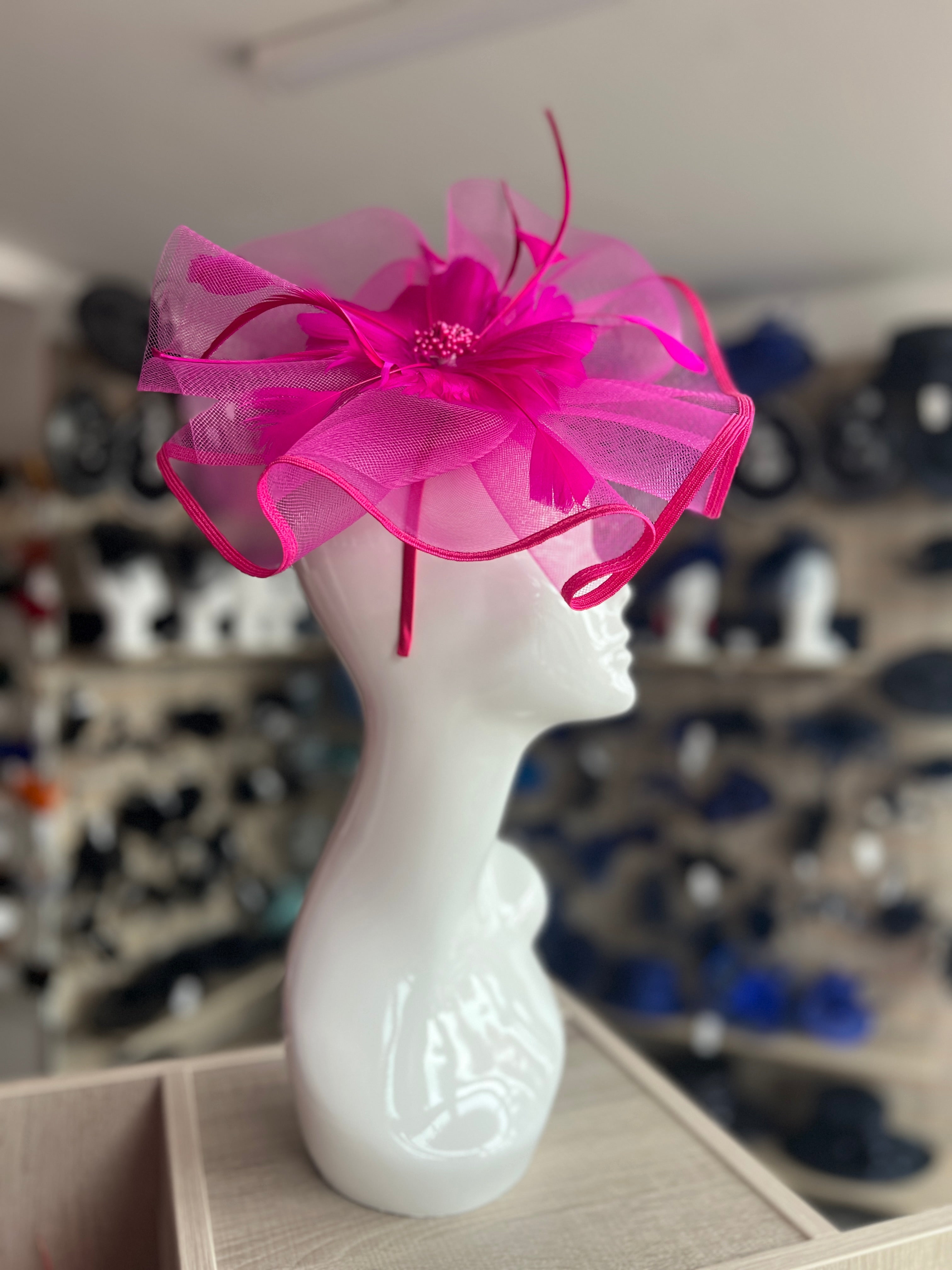 Large Bright Pink Hot Pink Fascinator with Ruched Crinoline Flower