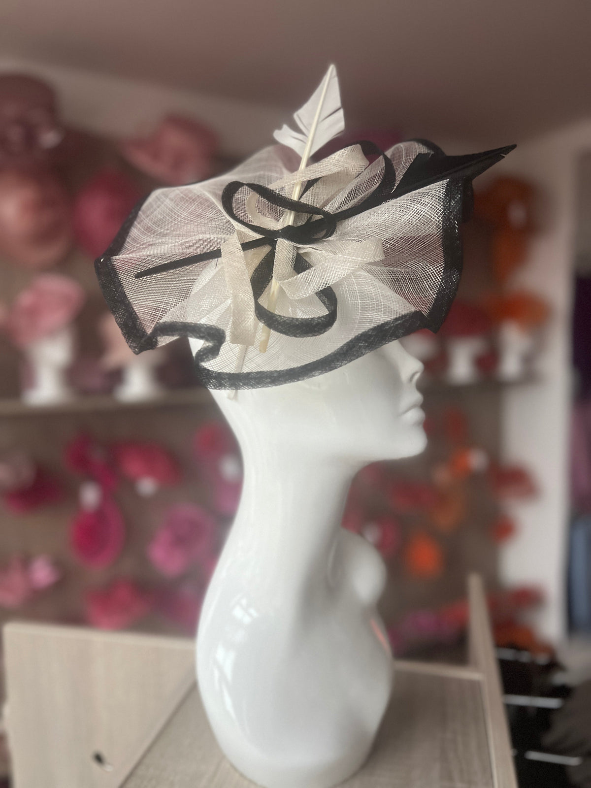 Ivory &amp; Black Large Fascinator with Ruched Sinamay &amp; Feathers-Fascinators Direct