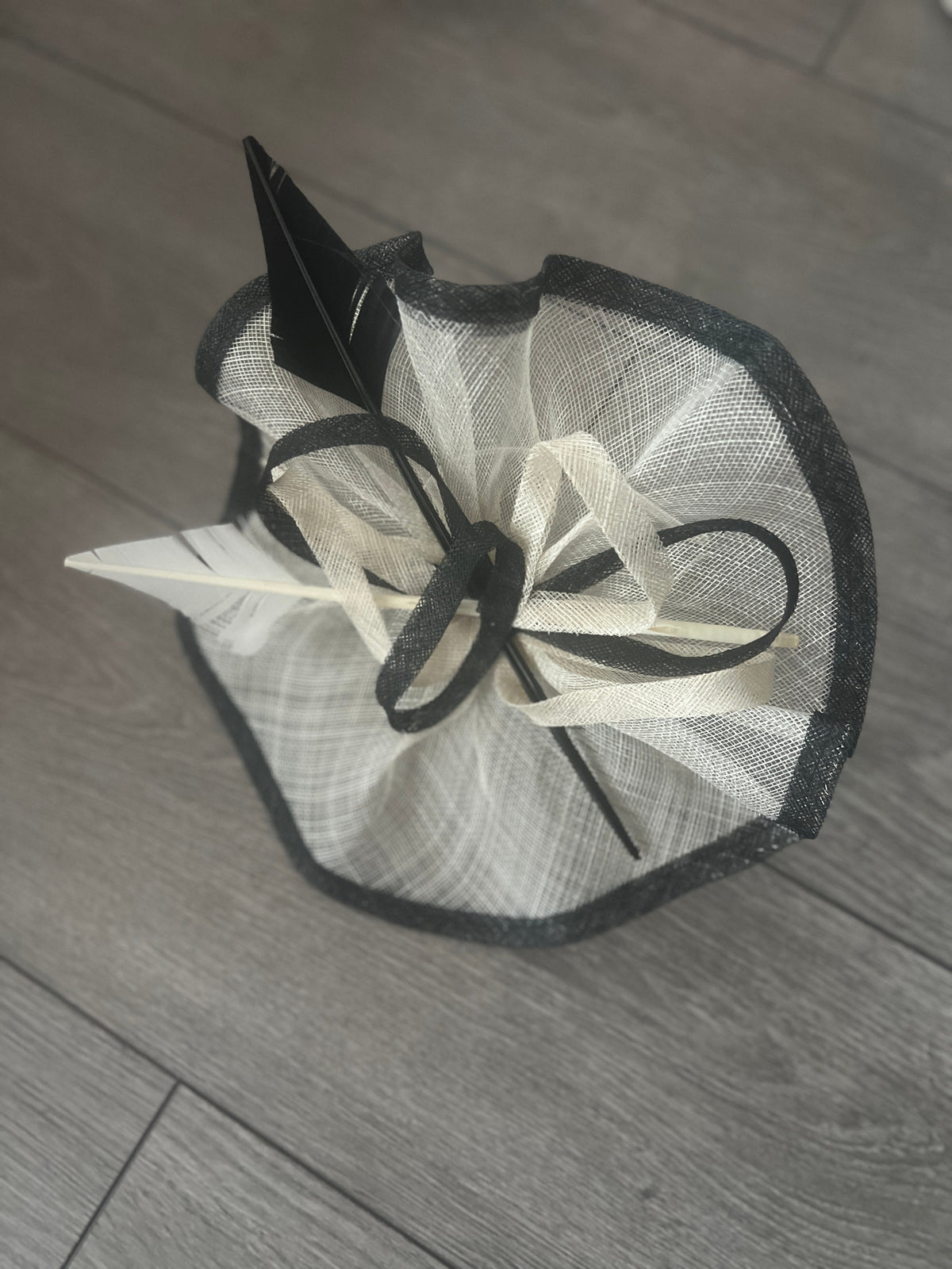 Ivory &amp; Black Large Fascinator with Ruched Sinamay &amp; Feathers-Fascinators Direct