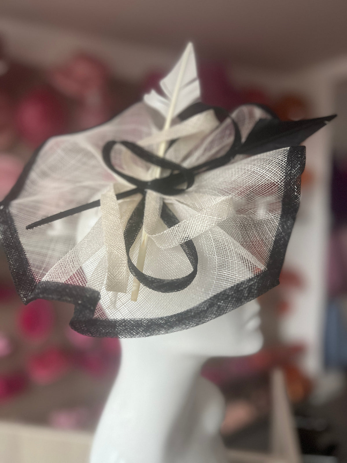 Ivory &amp; Black Large Fascinator with Ruched Sinamay &amp; Feathers-Fascinators Direct