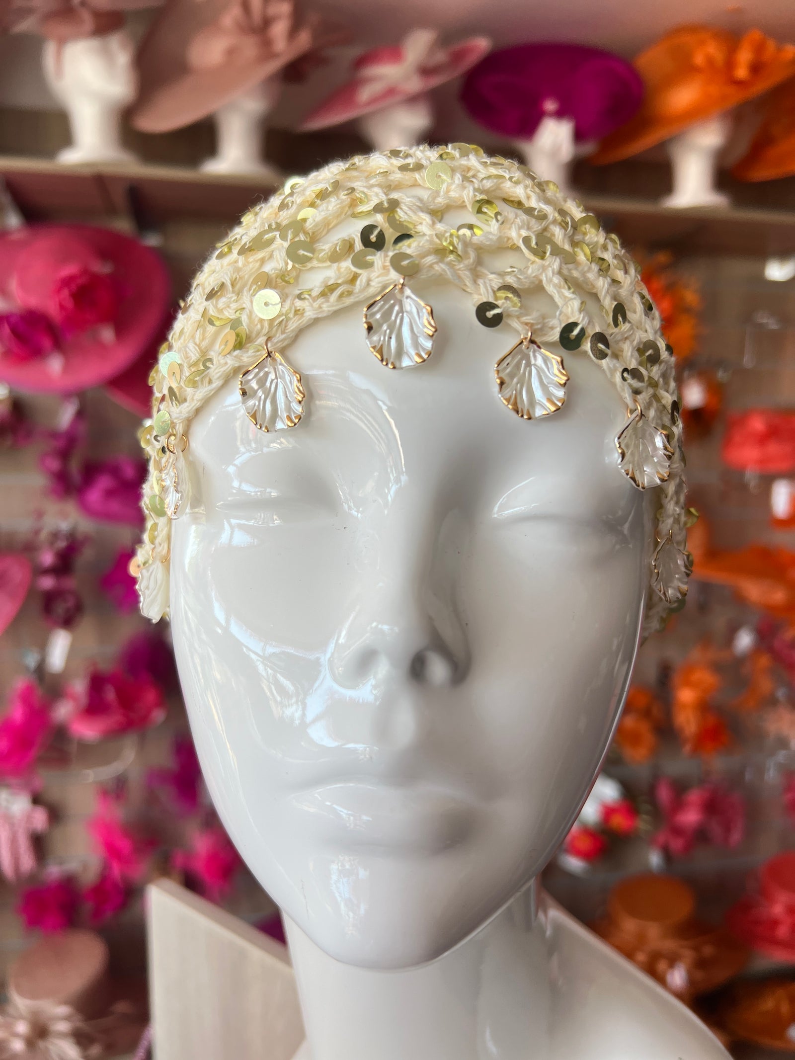 Ivory Crochet Skull Cap With Sequins & Shells-Fascinators Direct