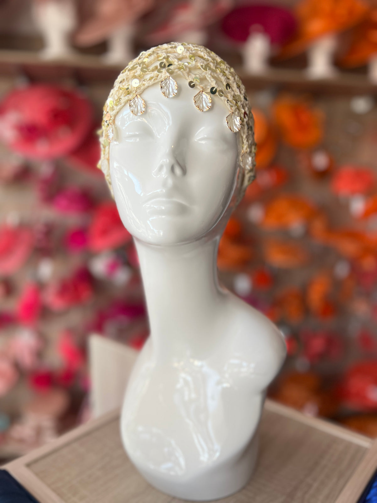 Ivory Crochet Skull Cap With Sequins &amp; Shells-Fascinators Direct