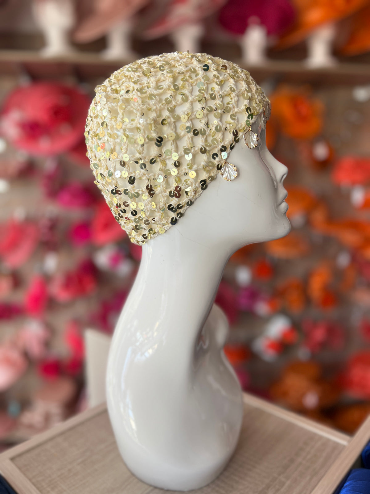 Ivory Crochet Skull Cap With Sequins &amp; Shells-Fascinators Direct