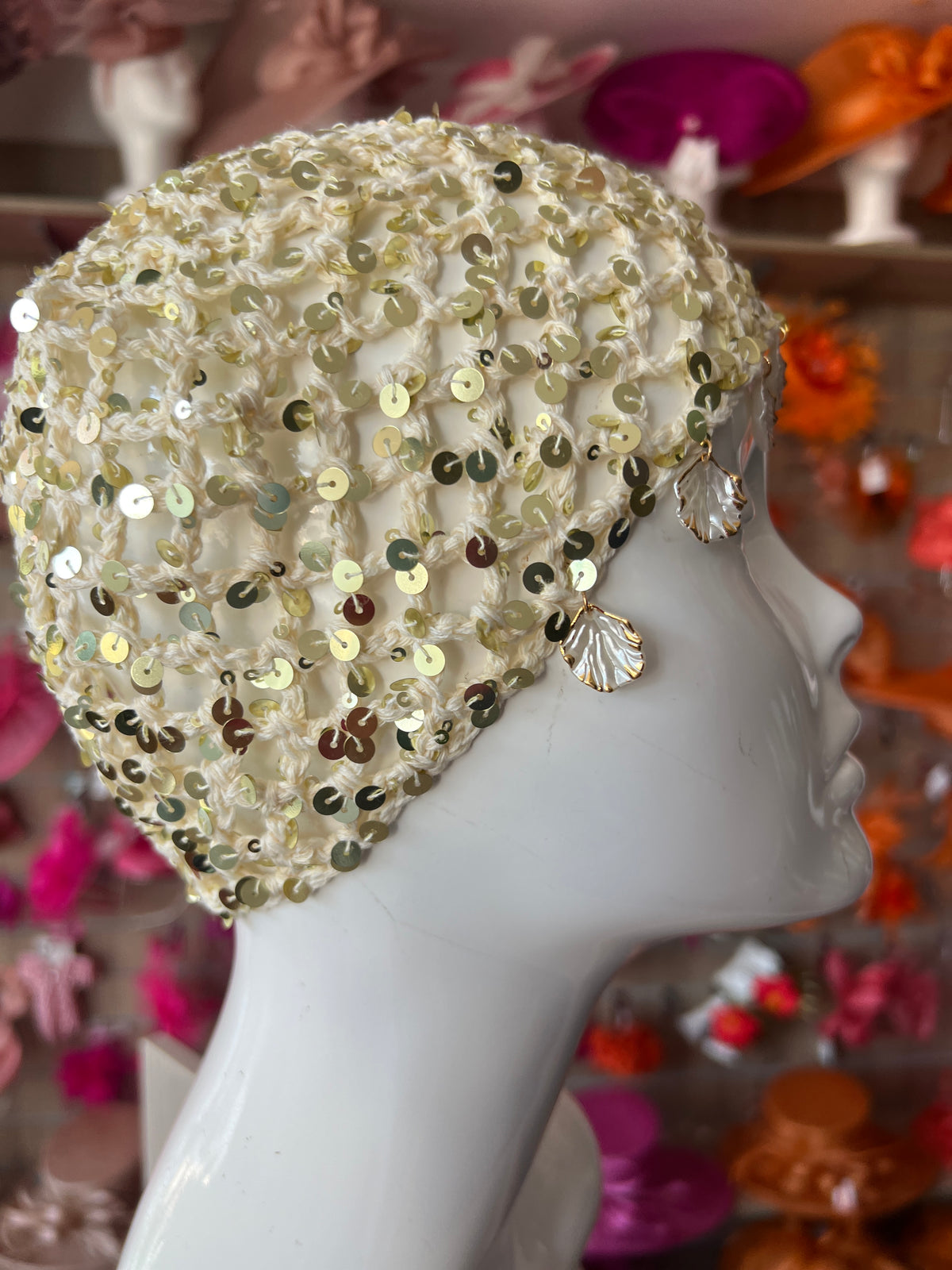 Ivory Crochet Skull Cap With Sequins &amp; Shells-Fascinators Direct