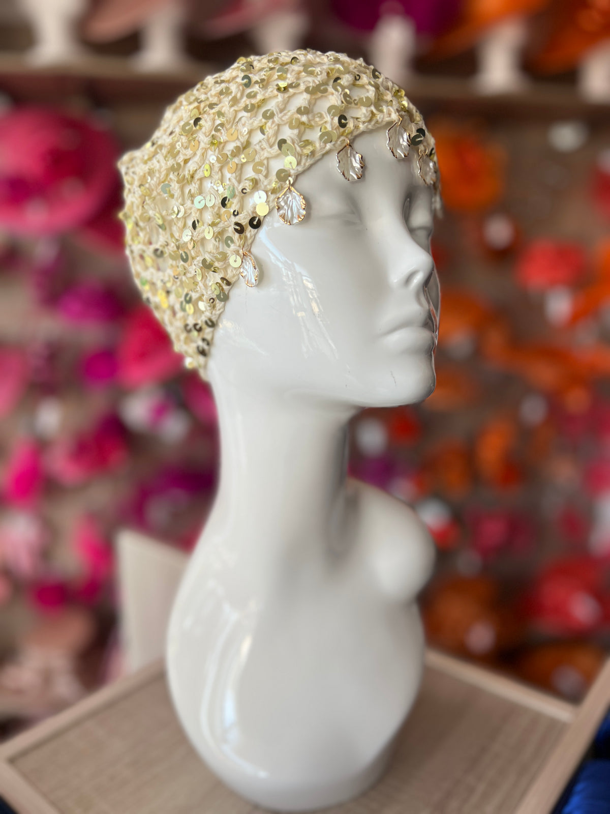 Ivory Crochet Skull Cap With Sequins &amp; Shells-Fascinators Direct