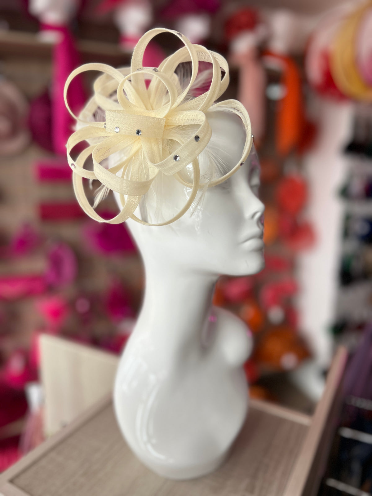 Ivory Diamante Fascinator With Loops &amp; Wispy Feathers-Fascinators Direct