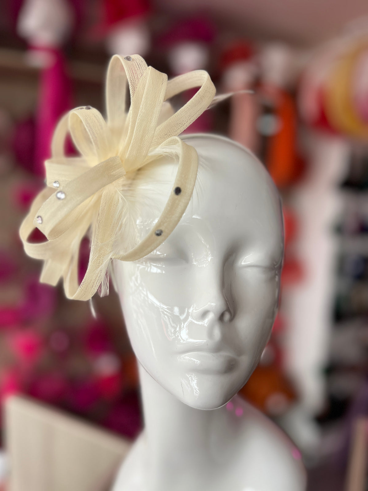Ivory Diamante Fascinator With Loops &amp; Wispy Feathers-Fascinators Direct