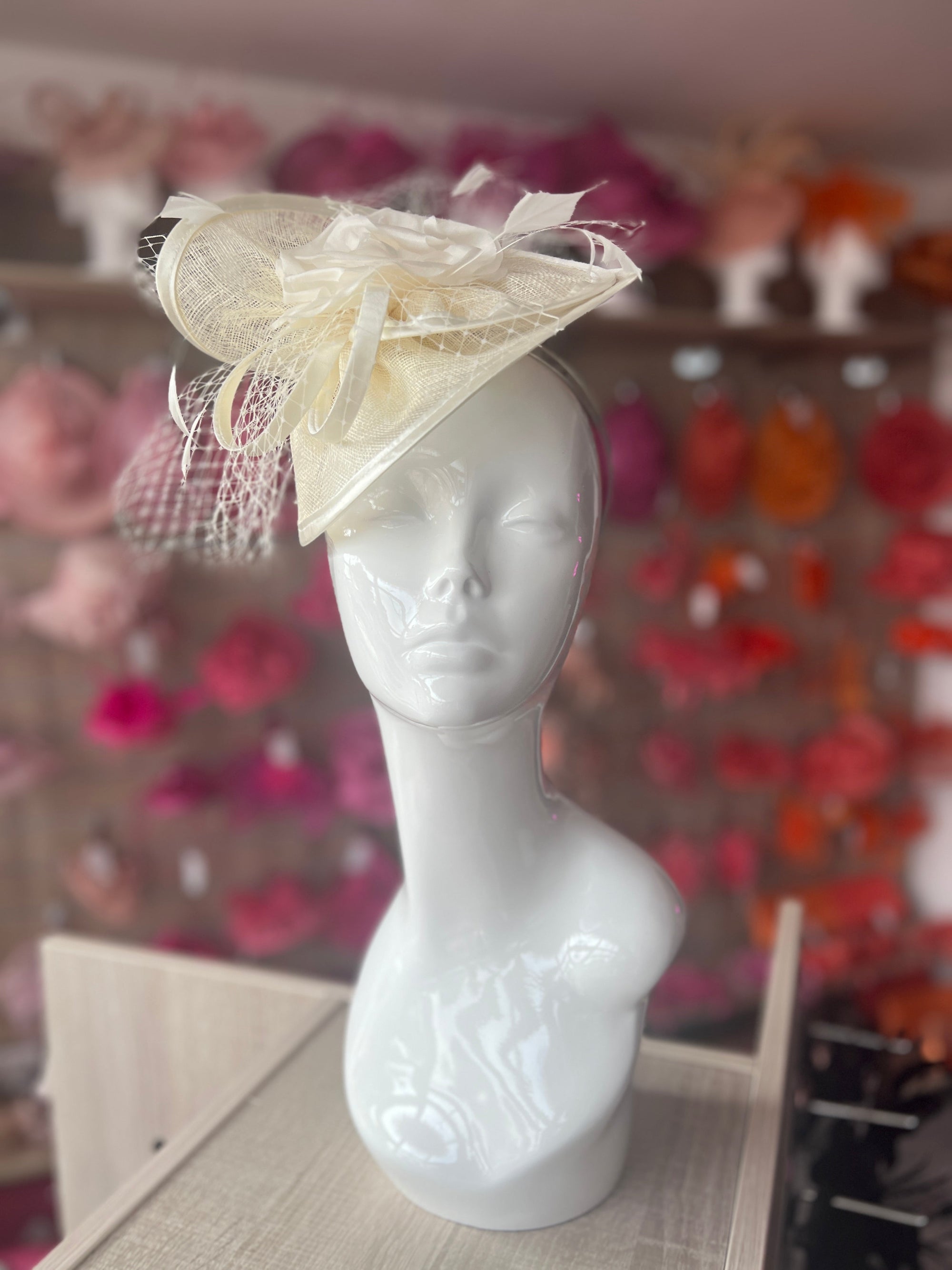 Ivory Disc Fascinator with Fabric Rose & Netting-Fascinators Direct