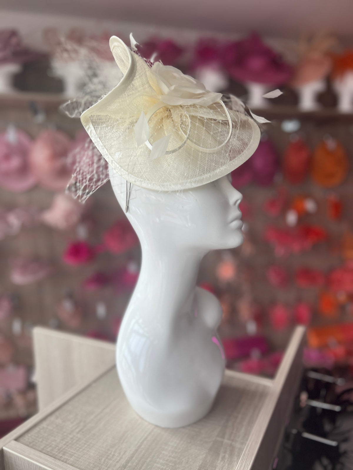 Ivory Disc Fascinator with Fabric Rose &amp; Netting-Fascinators Direct
