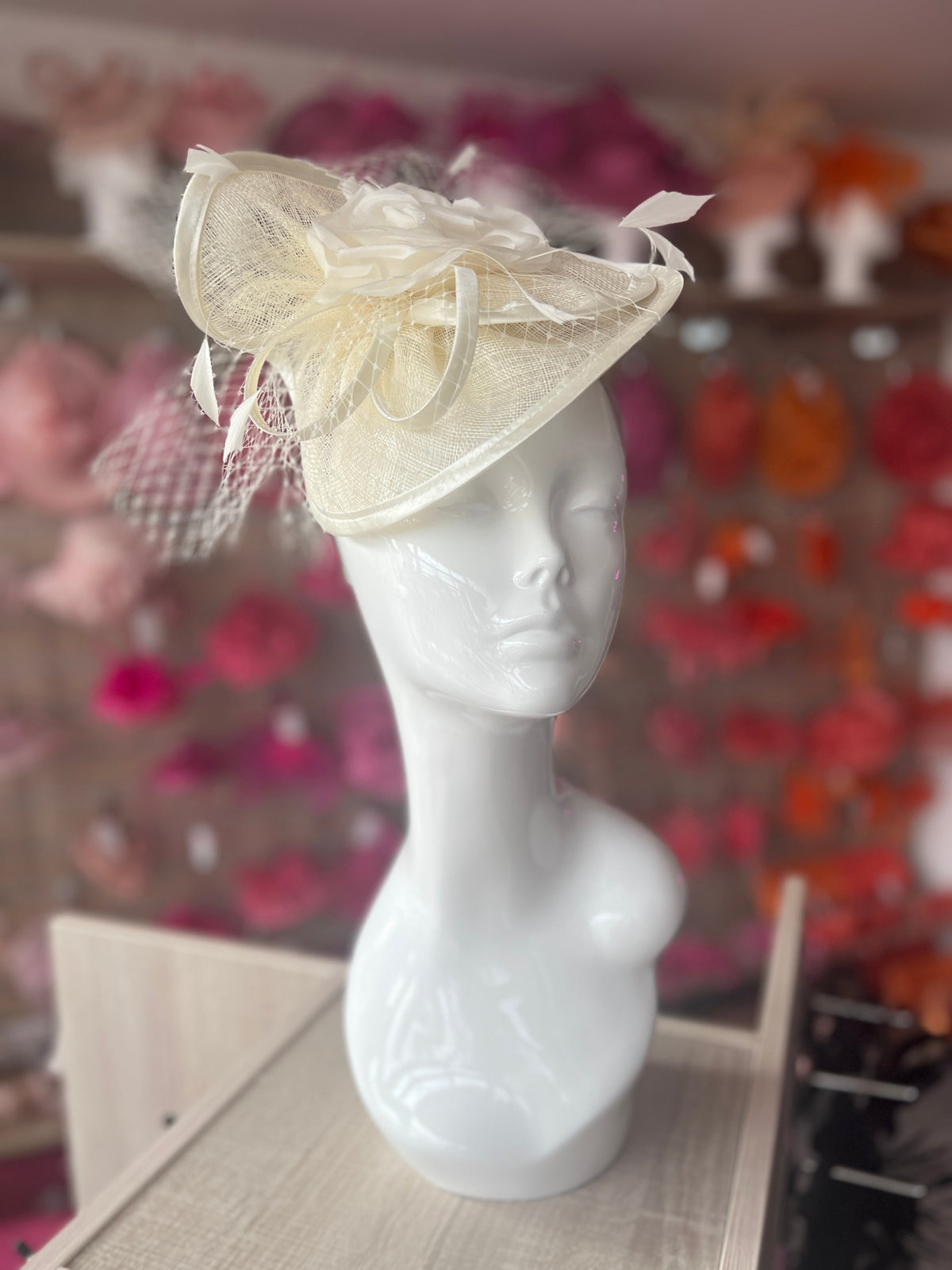 Ivory Disc Fascinator with Fabric Rose &amp; Netting-Fascinators Direct