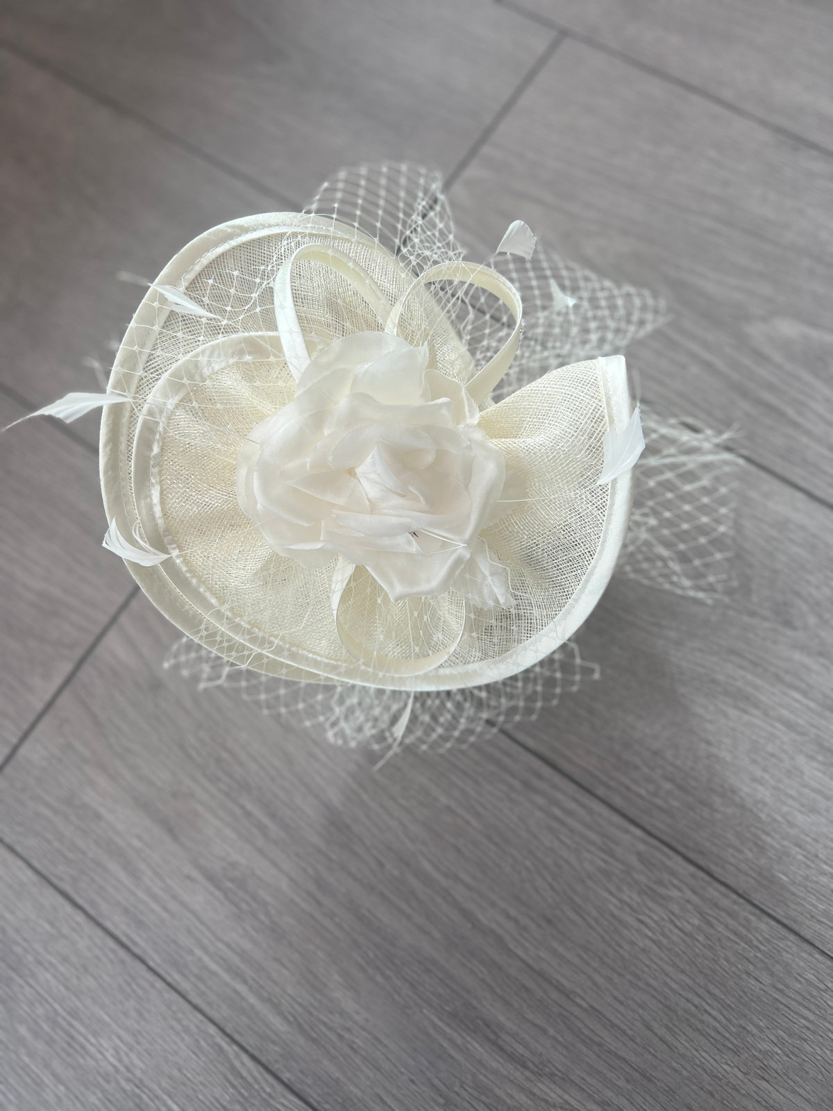 Ivory Disc Fascinator with Fabric Rose &amp; Netting-Fascinators Direct