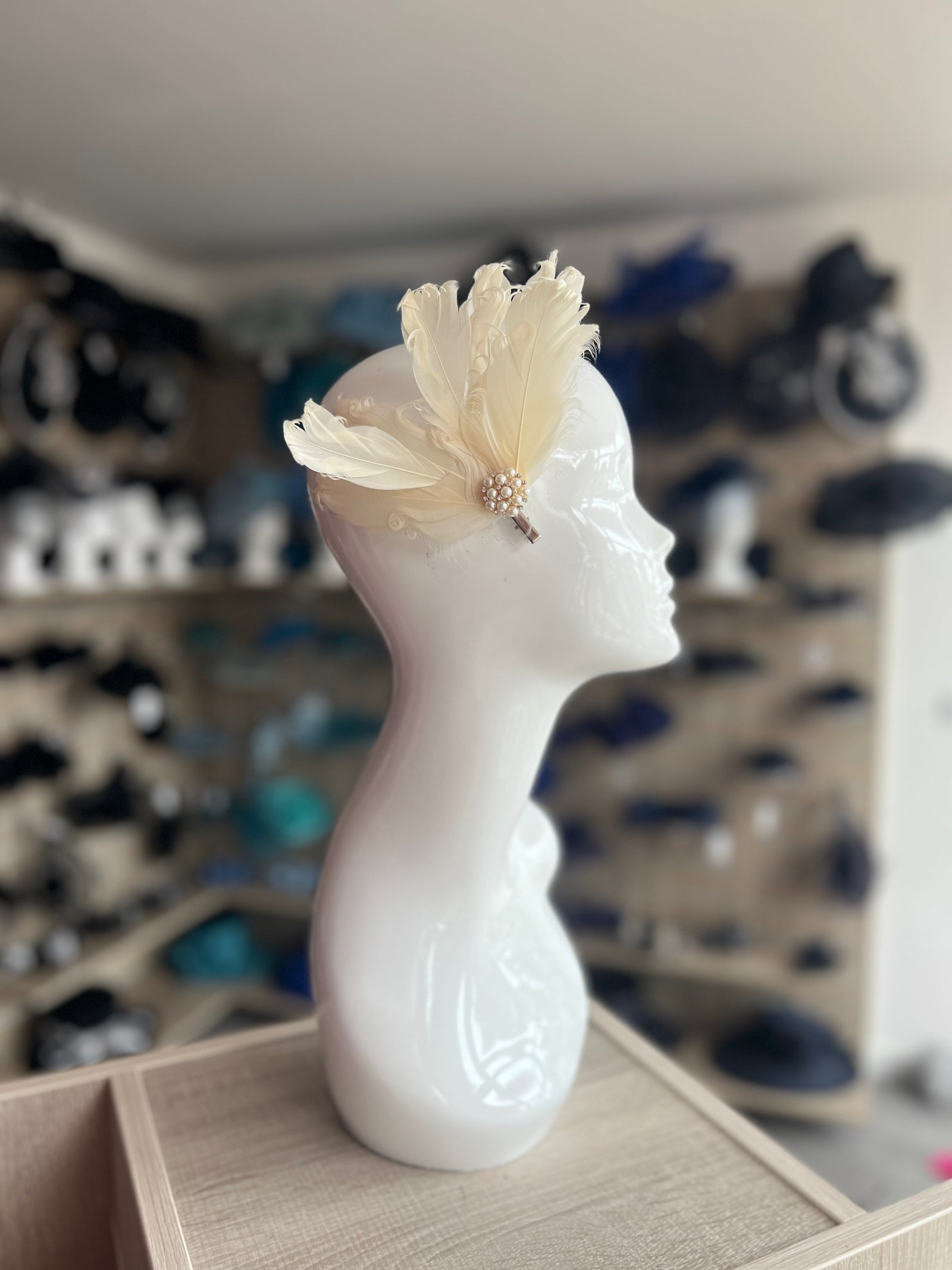 Ivory Fascinator Clip with Vintage Feathers & Pearls-Fascinators Direct