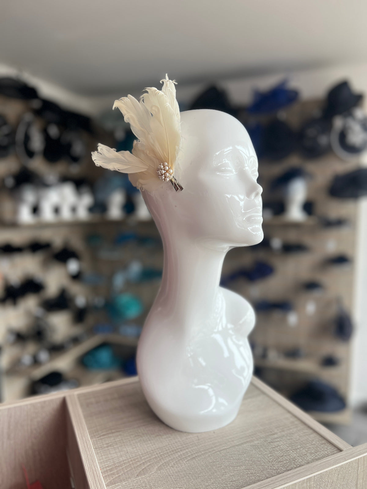 Ivory Fascinator Clip with Vintage Feathers &amp; Pearls-Fascinators Direct