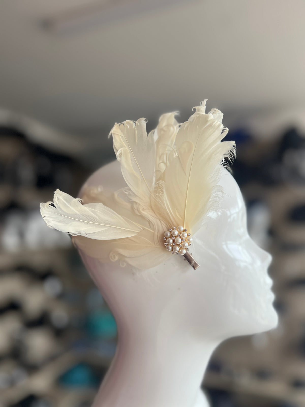 Ivory Fascinator Clip with Vintage Feathers &amp; Pearls-Fascinators Direct