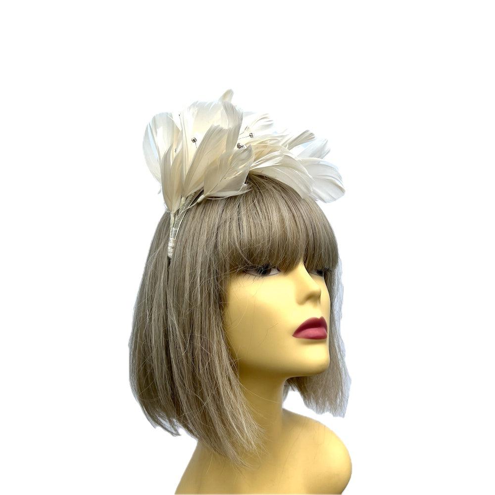 Ivory Fascinator Headband with Feather Petals & Diamanté-Fascinators Direct