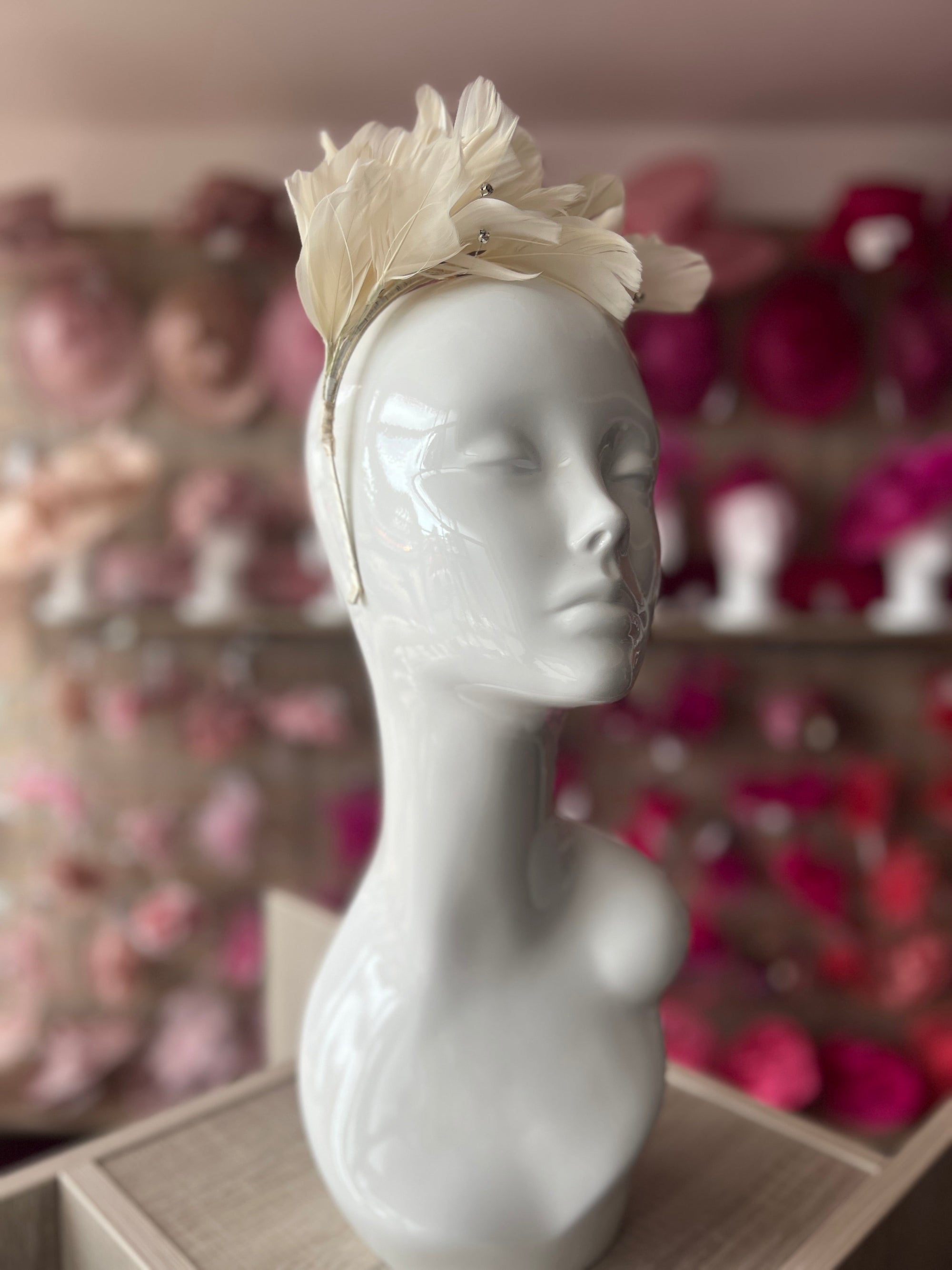 Ivory Fascinator Headband with Feather Petals & Diamanté-Fascinators Direct