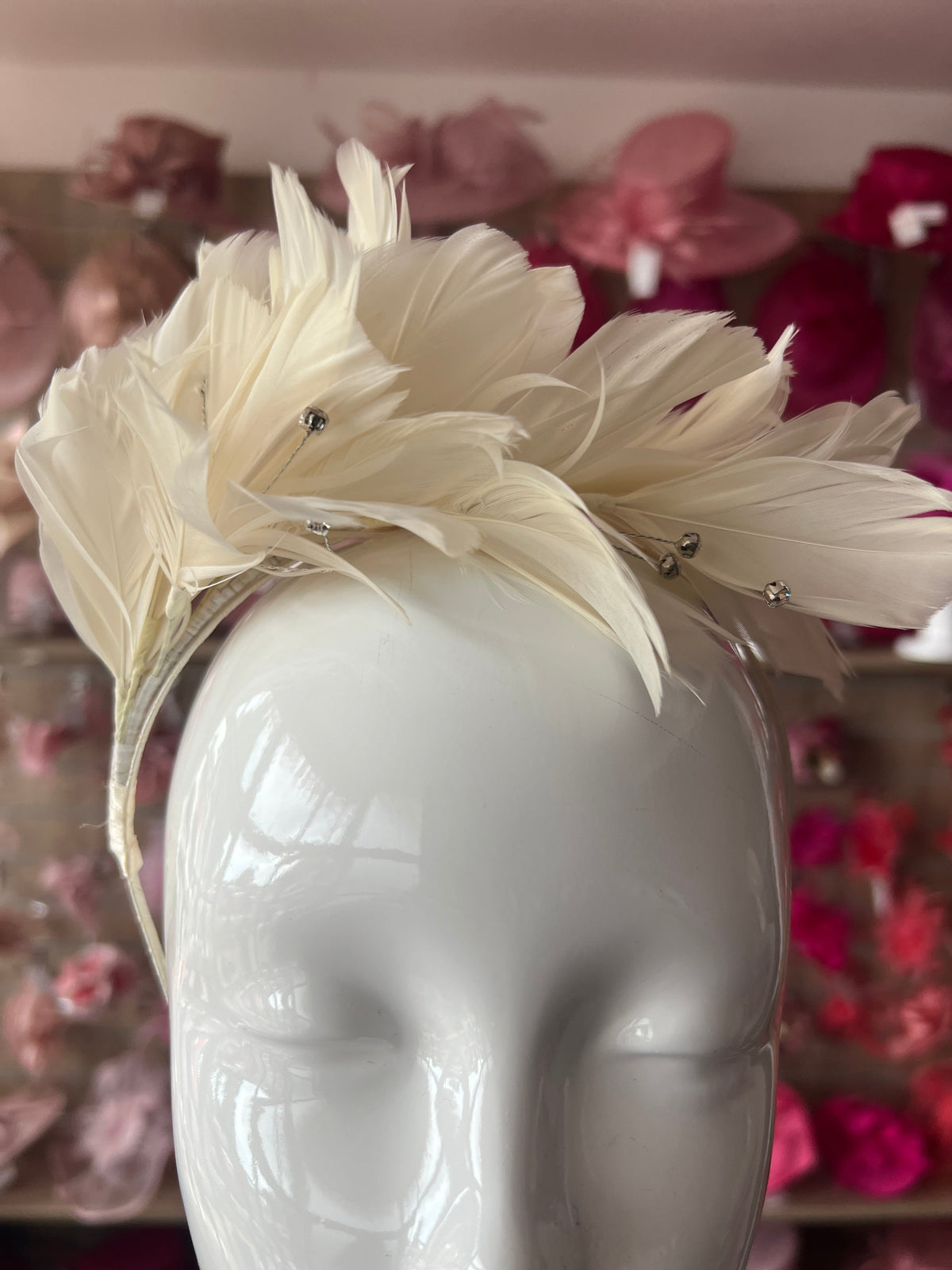 Ivory Fascinator Headband with Feather Petals &amp; Diamanté-Fascinators Direct