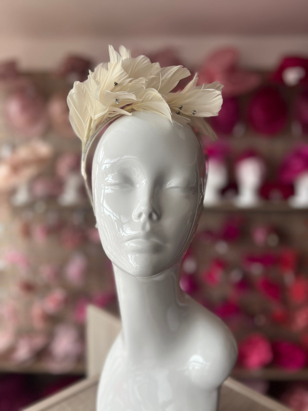 Ivory Fascinator Headband with Feather Petals &amp; Diamanté-Fascinators Direct