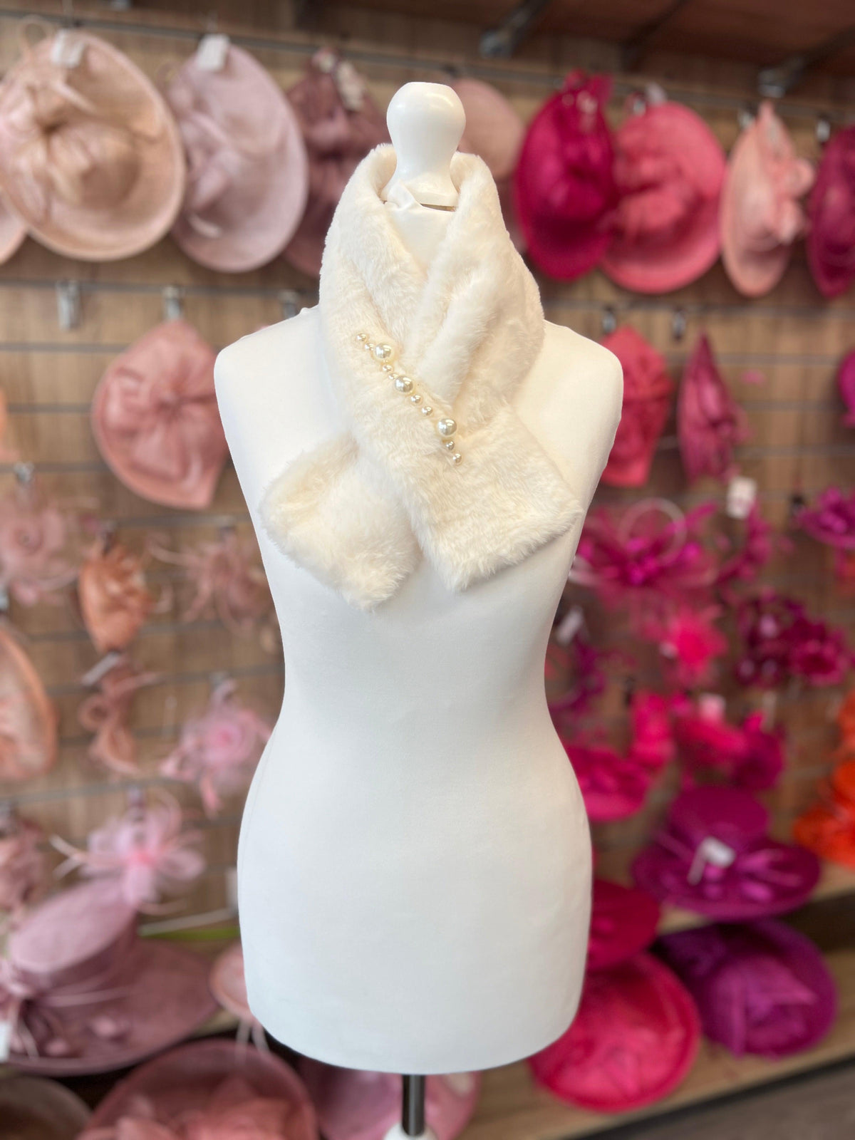 Ivory Faux Fur Collar Scarf With Pearl Detail-Fascinators Direct