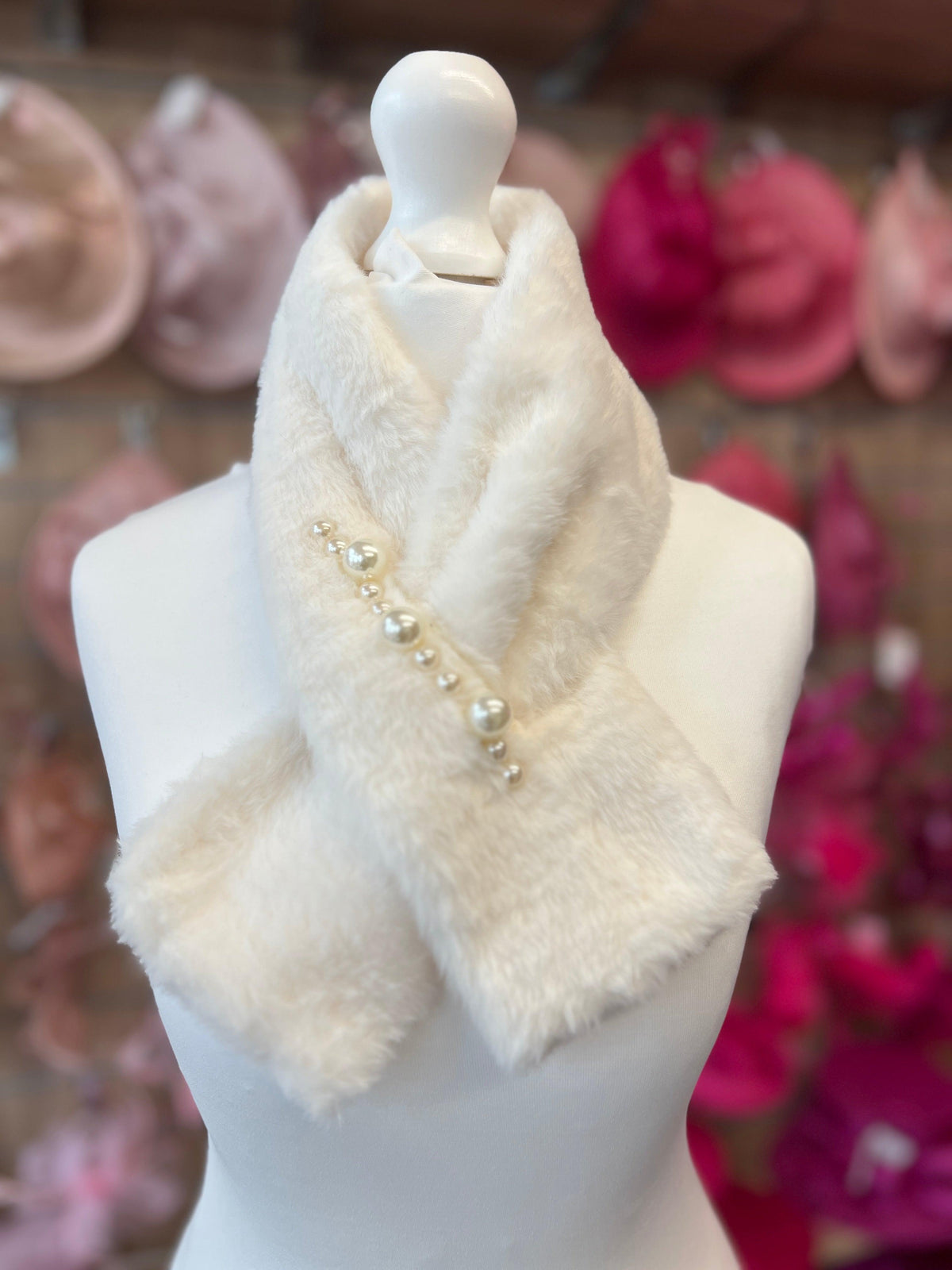 Ivory Faux Fur Collar Scarf With Pearl Detail-Fascinators Direct
