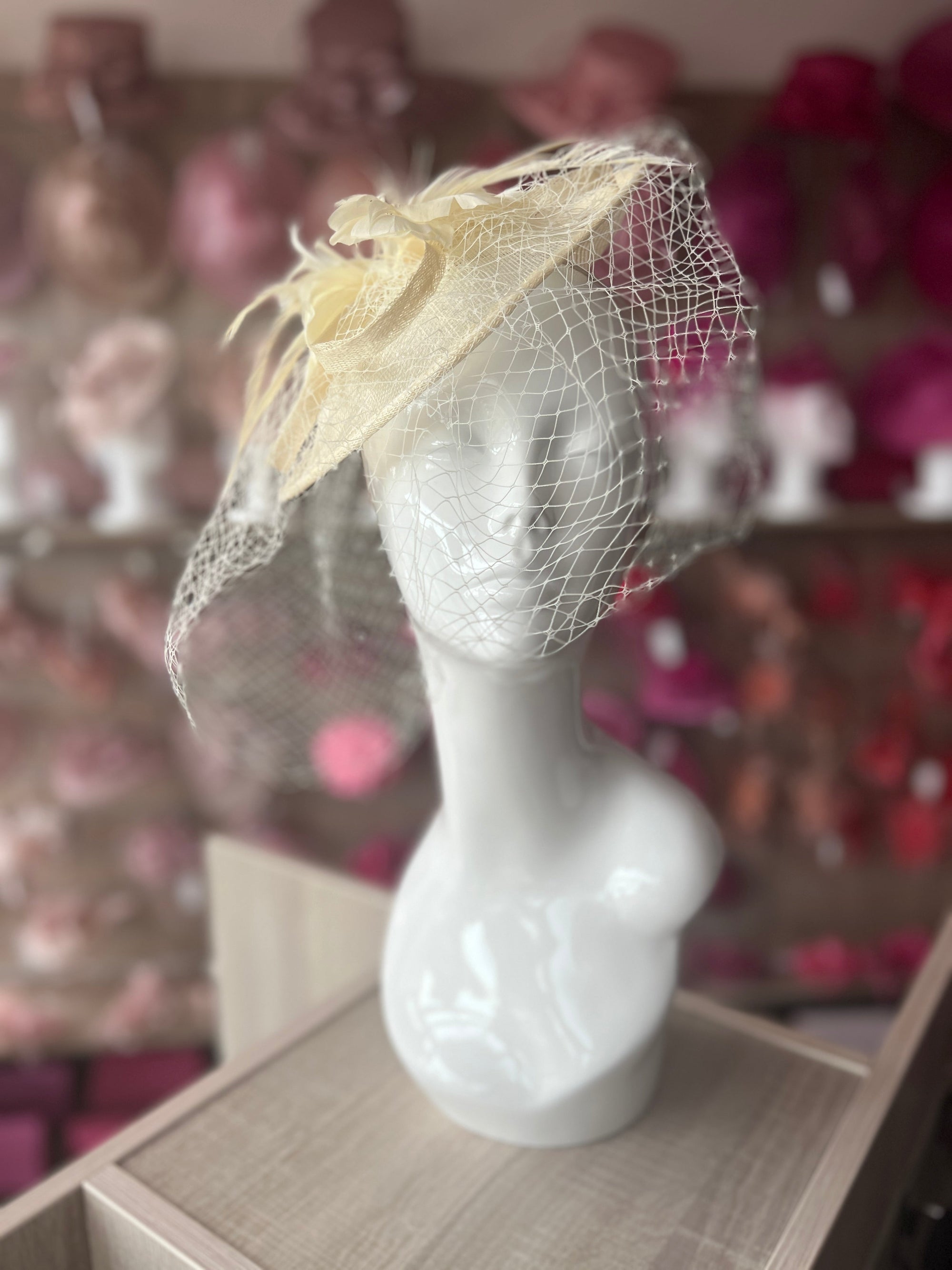 Ivory Hatinator With Feather Flower & Veil-Fascinators Direct