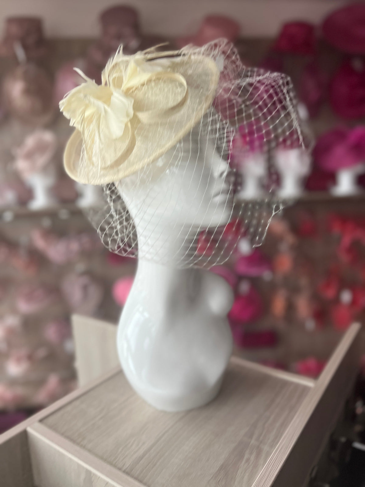 Ivory Hatinator With Feather Flower &amp; Veil-Fascinators Direct