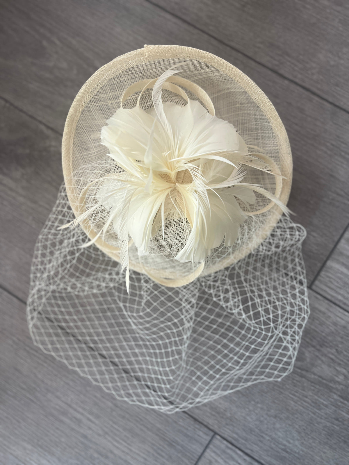 Ivory Hatinator With Feather Flower &amp; Veil-Fascinators Direct