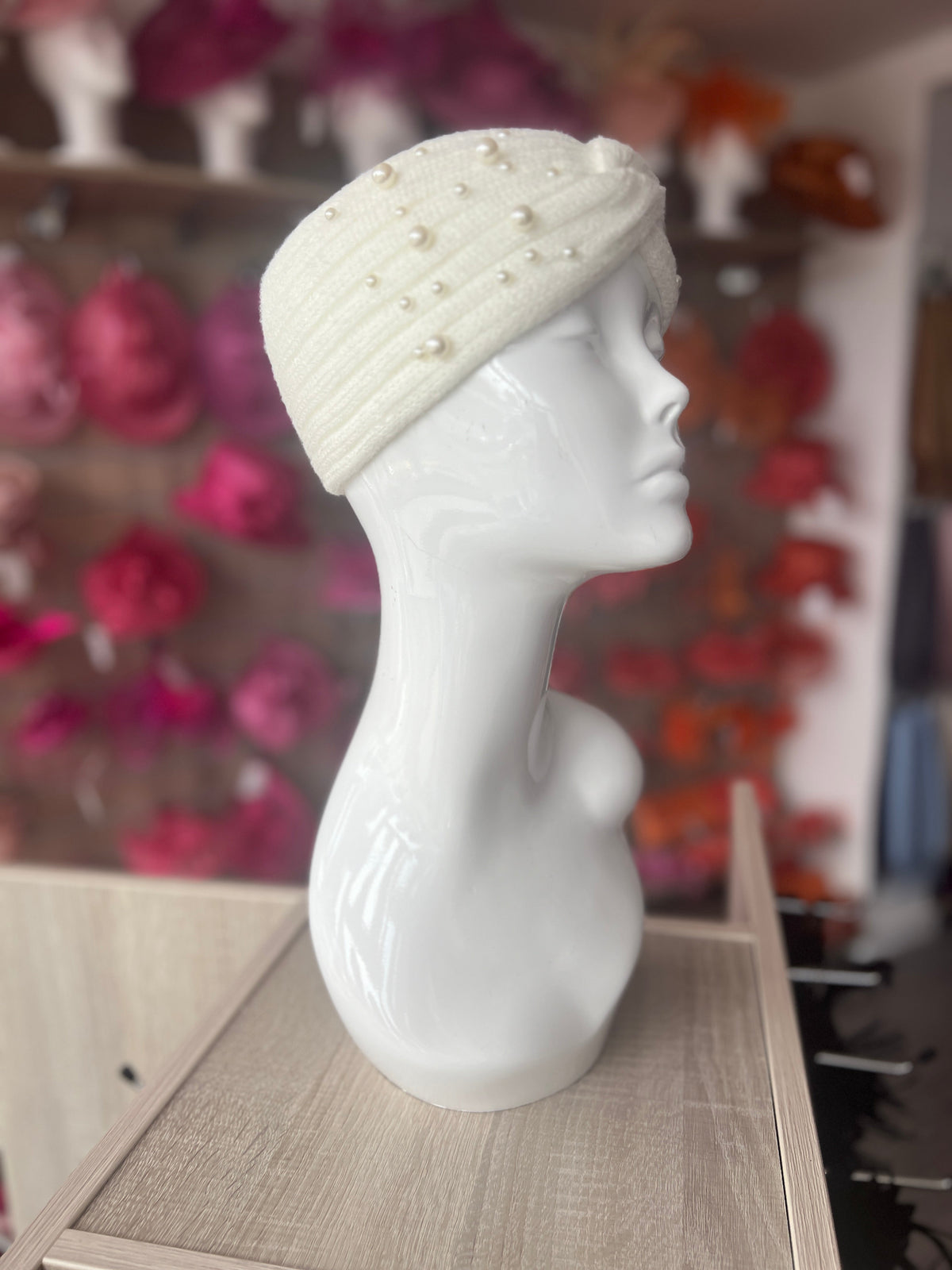 Ivory Knitted Headband Ear Warmer With Assorted Pearls-Fascinators Direct