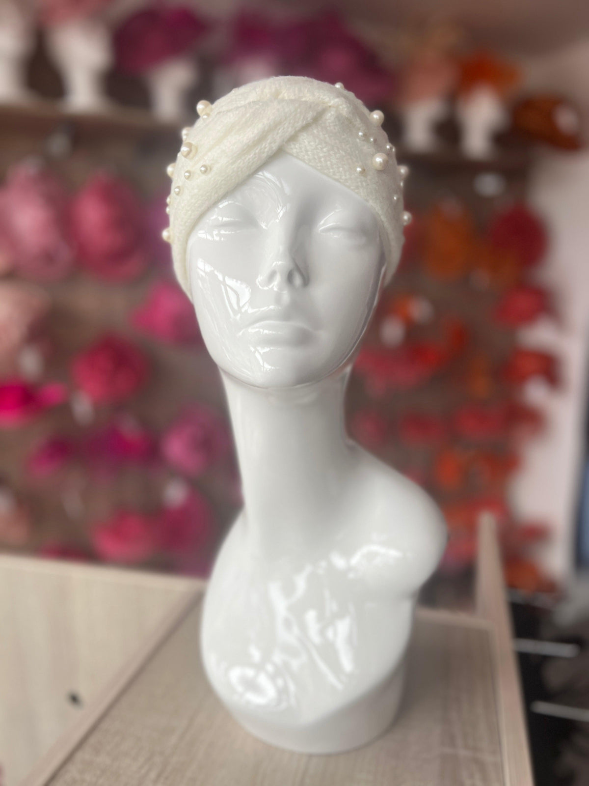 Ivory Knitted Headband Ear Warmer With Assorted Pearls-Fascinators Direct