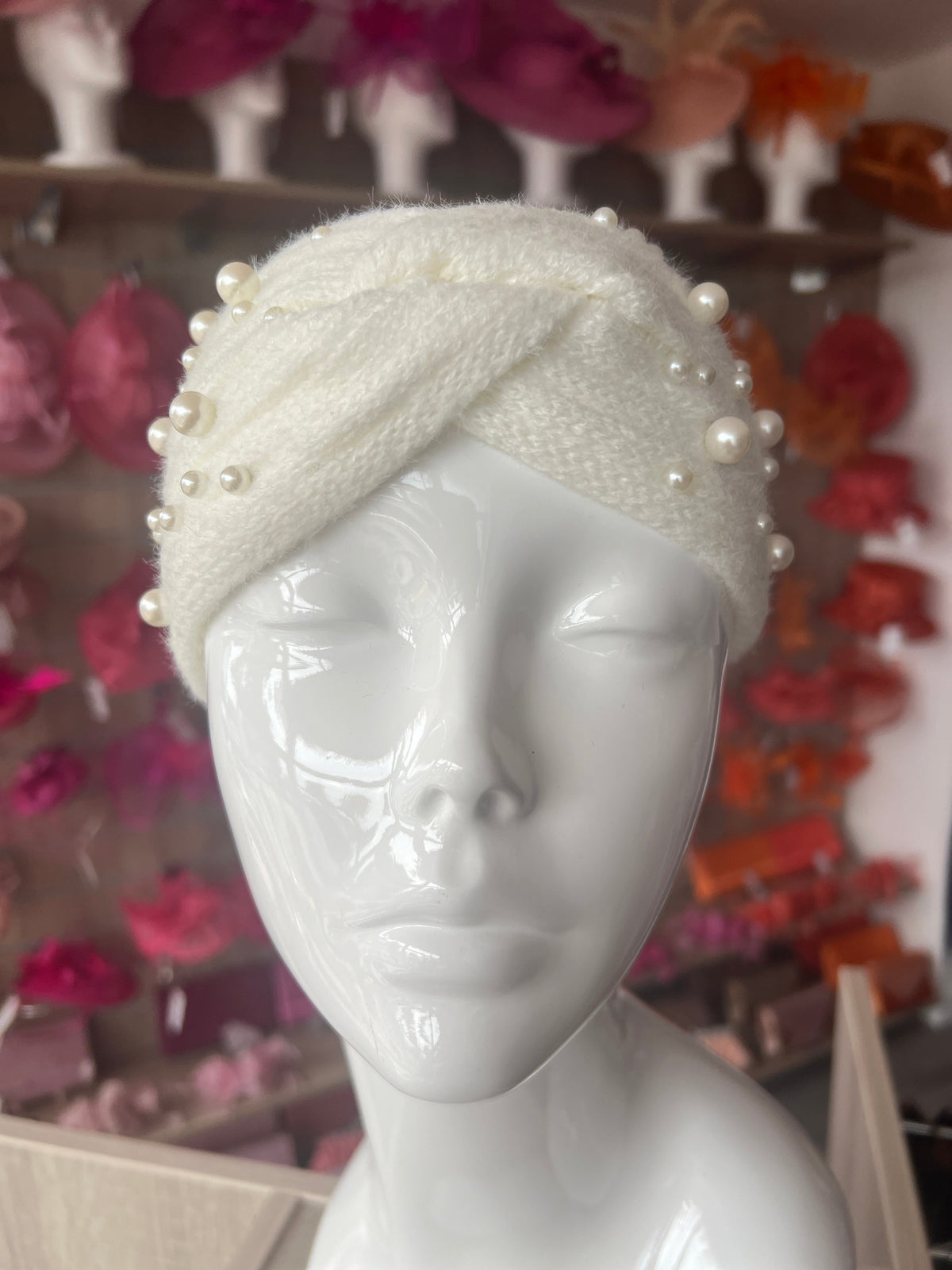 Ivory Knitted Headband Ear Warmer With Assorted Pearls-Fascinators Direct