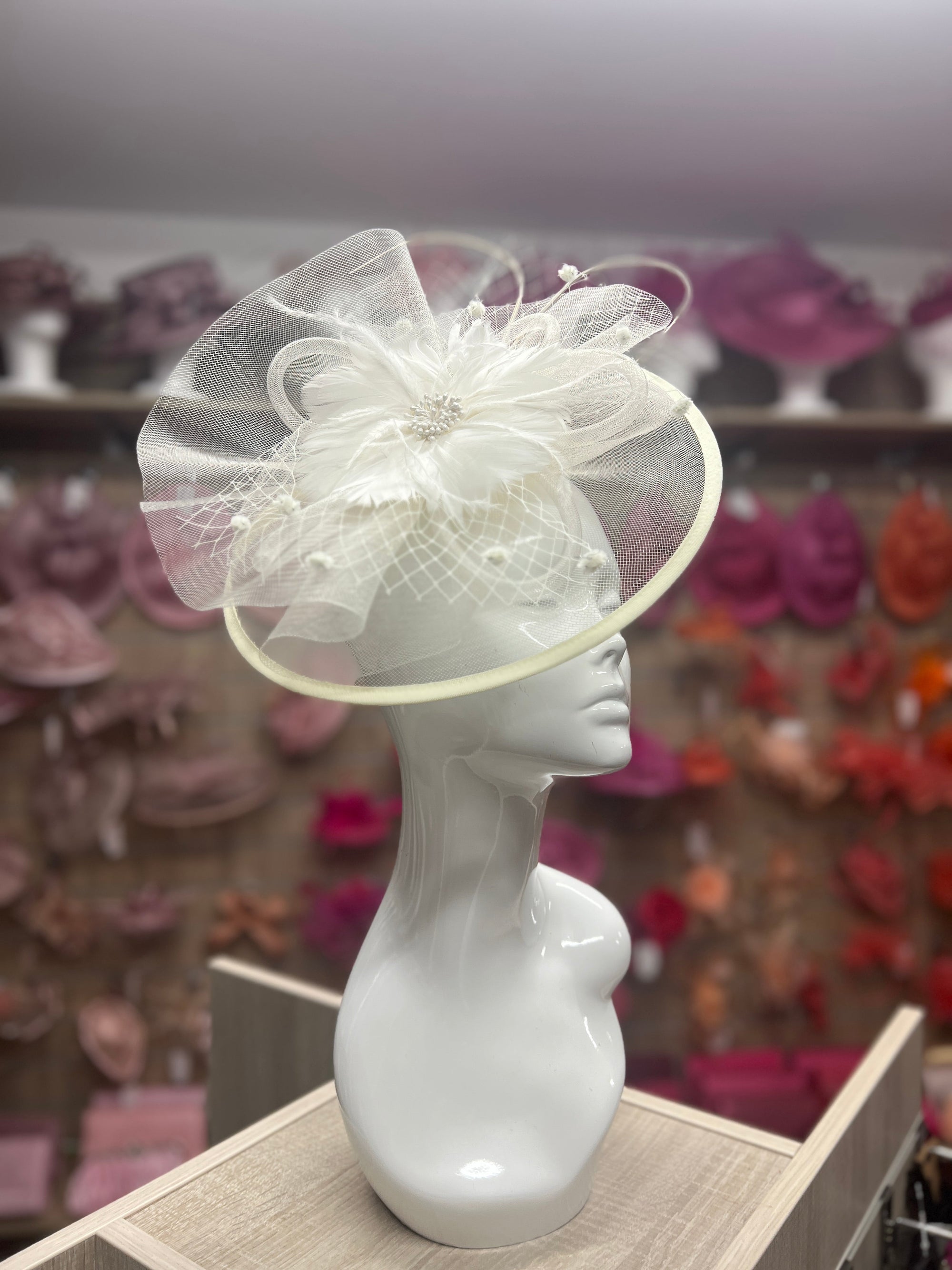 Ivory Large Fascinator With Feather Flower & Netting-Fascinators Direct