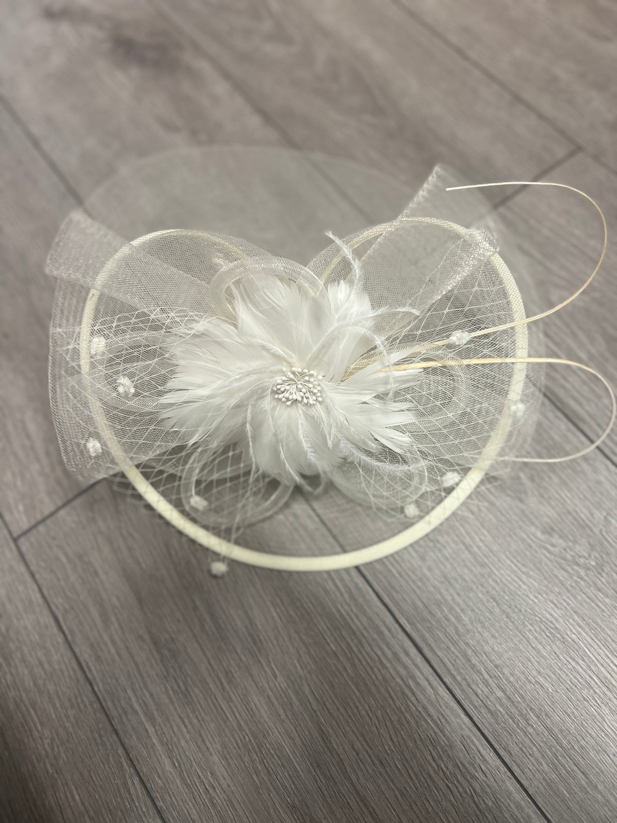 Ivory Large Fascinator With Feather Flower &amp; Netting-Fascinators Direct