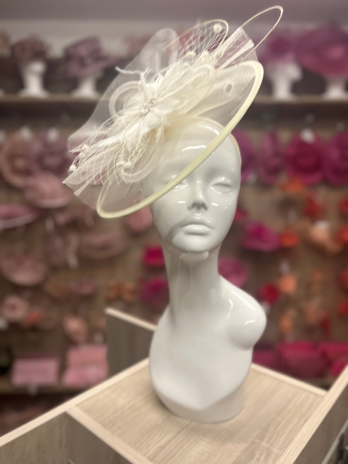 Ivory Large Fascinator With Feather Flower &amp; Netting-Fascinators Direct
