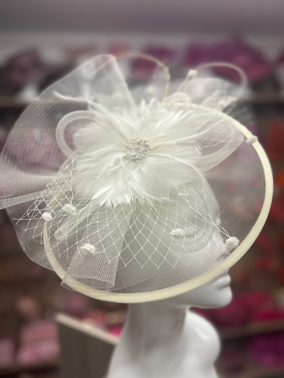 Ivory Large Fascinator With Feather Flower &amp; Netting-Fascinators Direct