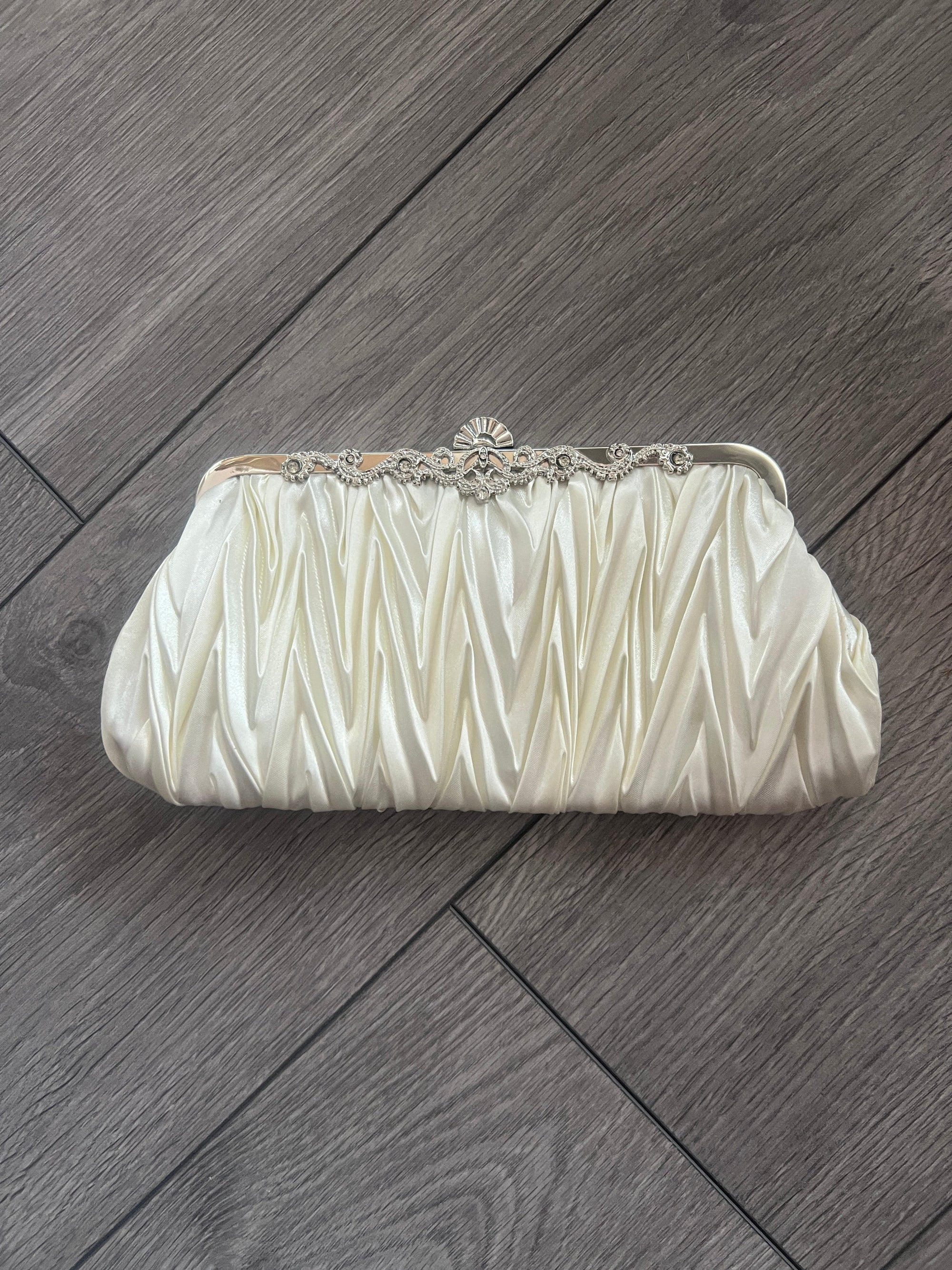 Ivory Satin Art Deco Detail Clutch Bag-Fascinators Direct