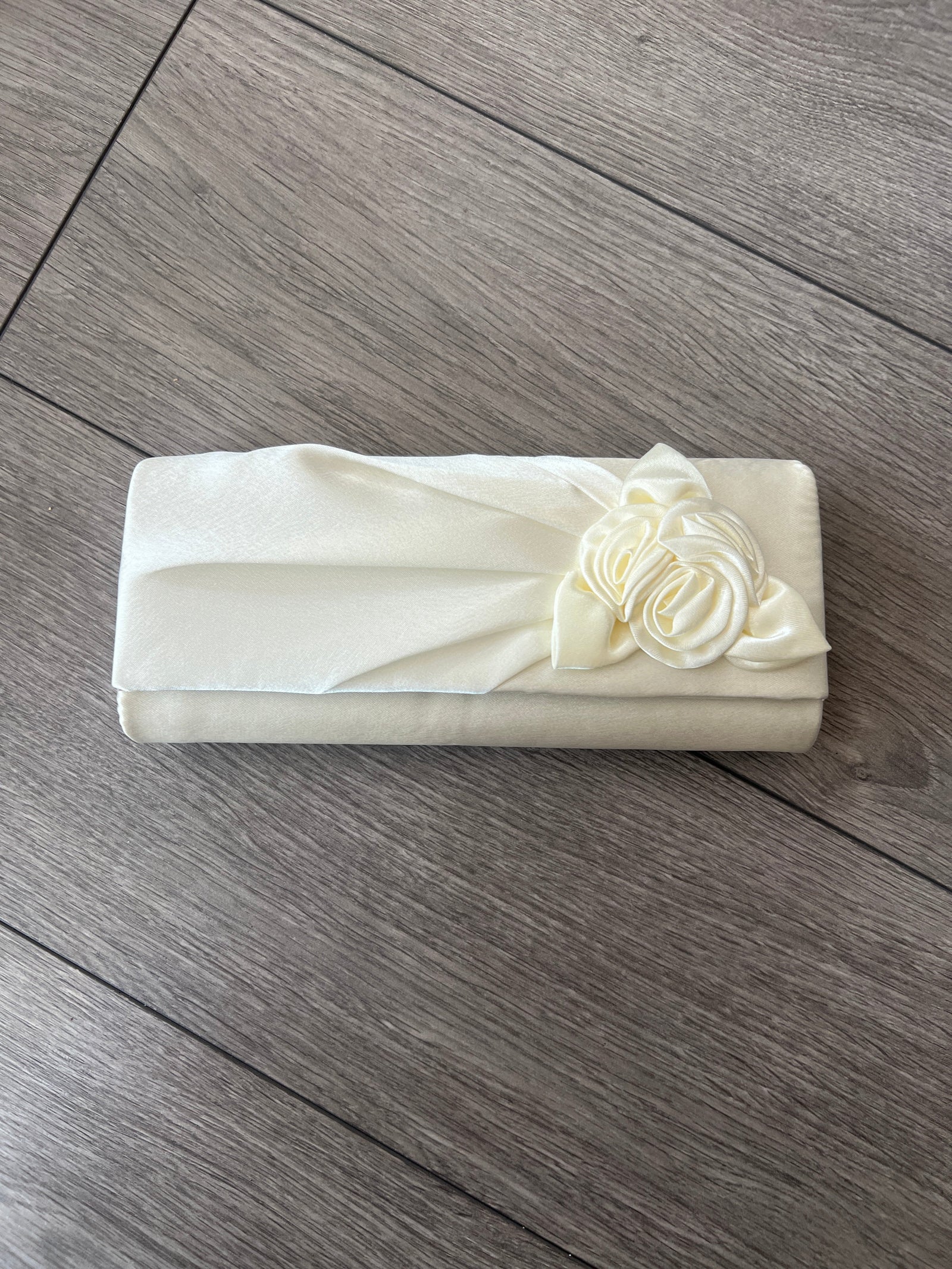 Ivory Satin Clutch Bag With Rose Flower Detail-Fascinators Direct