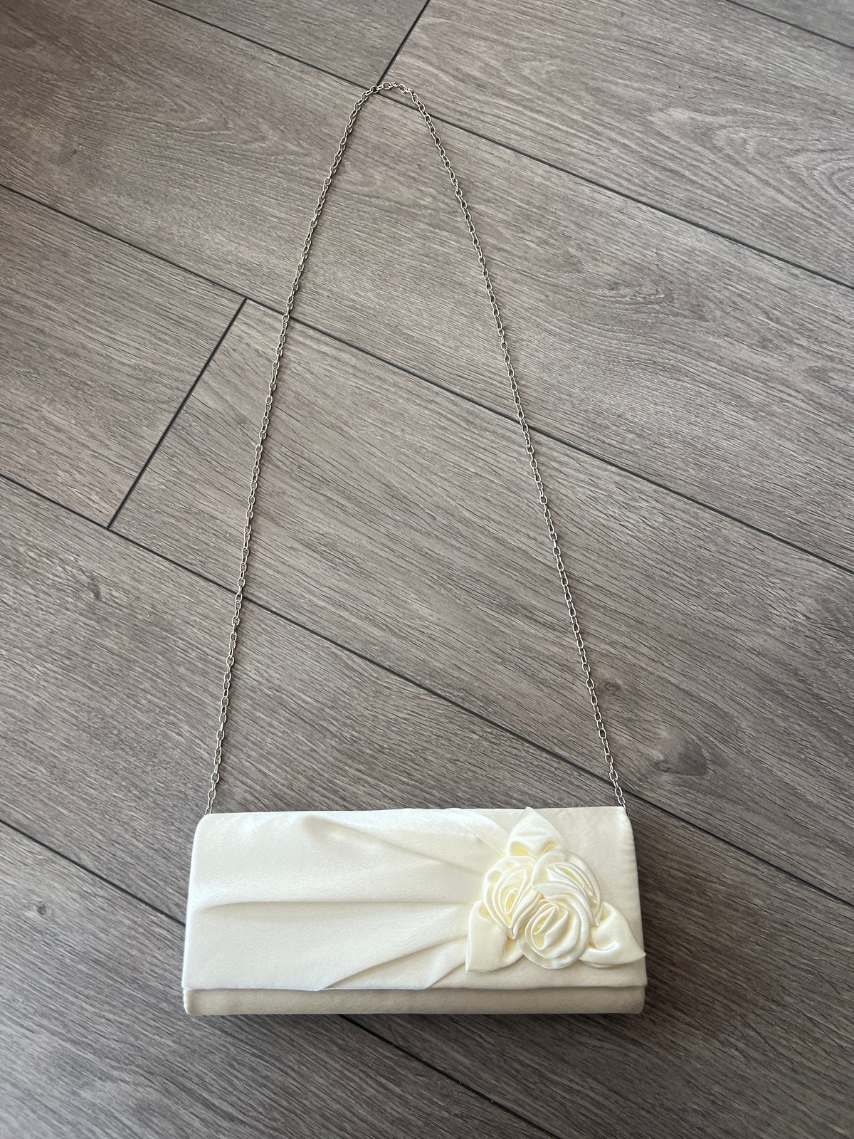 Ivory Satin Clutch Bag With Rose Flower Detail-Fascinators Direct
