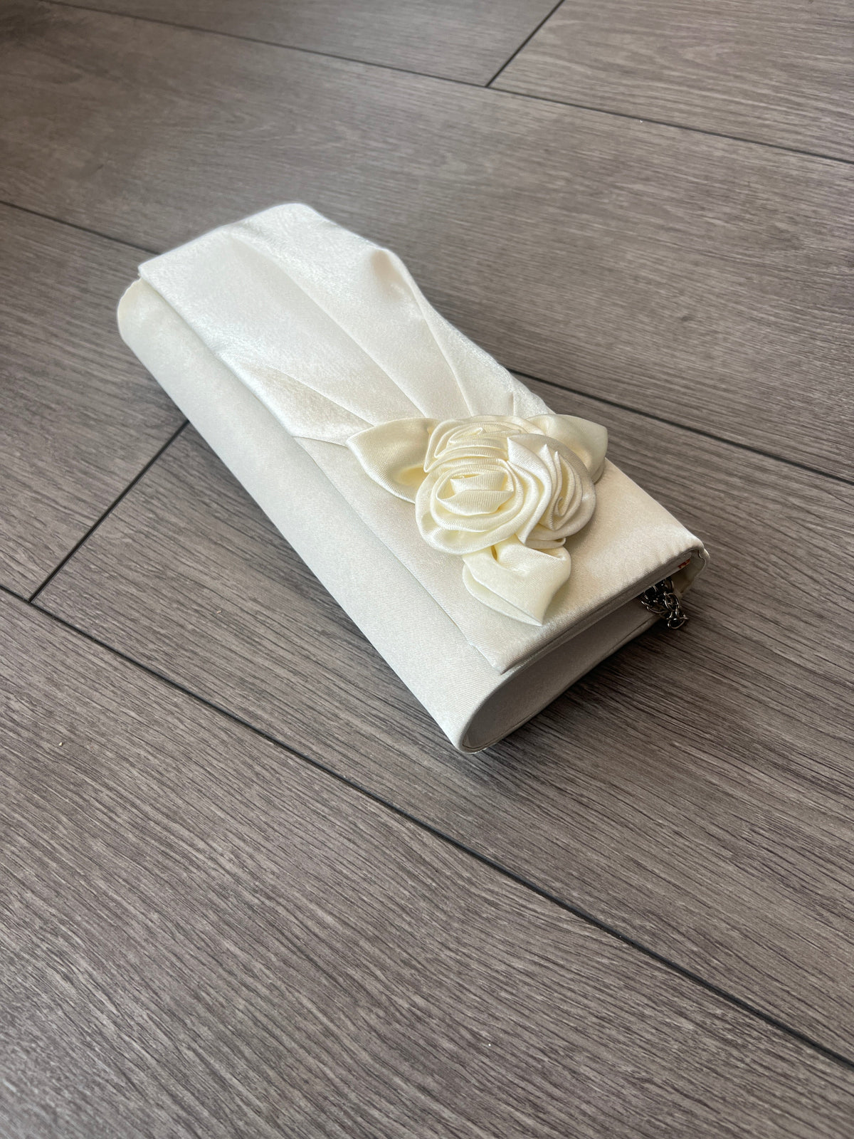 Ivory Satin Clutch Bag With Rose Flower Detail-Fascinators Direct